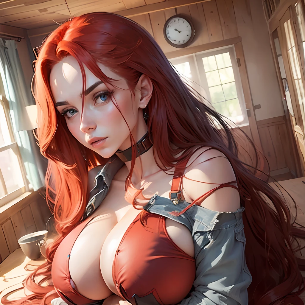beautiful woman. Long hair. Red hair. Dressed in blue jeans and red shirt. (Big tits:1.8) --auto --s2