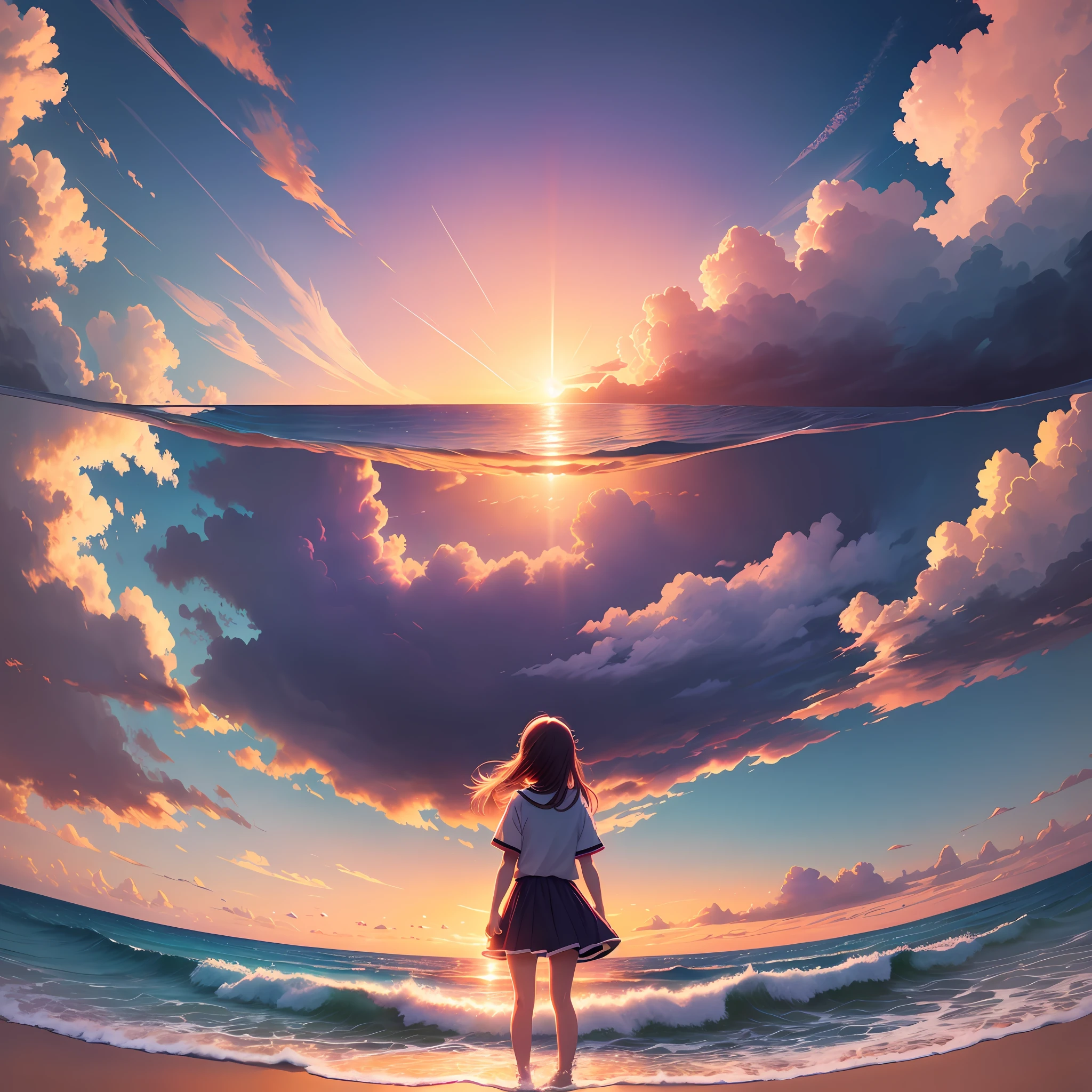 Anime girl, high quality, looking at the sky, very beautiful sunset, refraction of light and high quality clouds, very beautiful sea, excellent beach, 4k, anime
