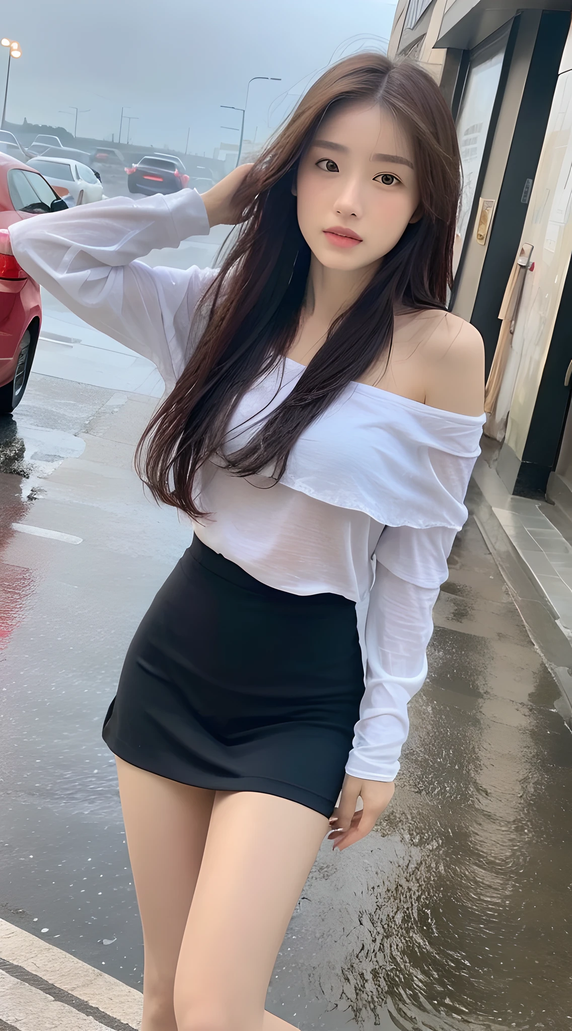 ((Best Quality, 8K, Masterpiece:1.3)), Focus: 1.2, Perfect Body Beauty: 1.4, Buttocks: 1.2, ((Layered Haircut, Breasts: 1.2)), (Wet Clothes: 1.1) , (Rain, Street:1.3), Bandeau Dress: 1.1, Highly Detailed Face and Skin Texture, Delicate Eyes, Double Eyelids, Whitened Skin, Long Hair