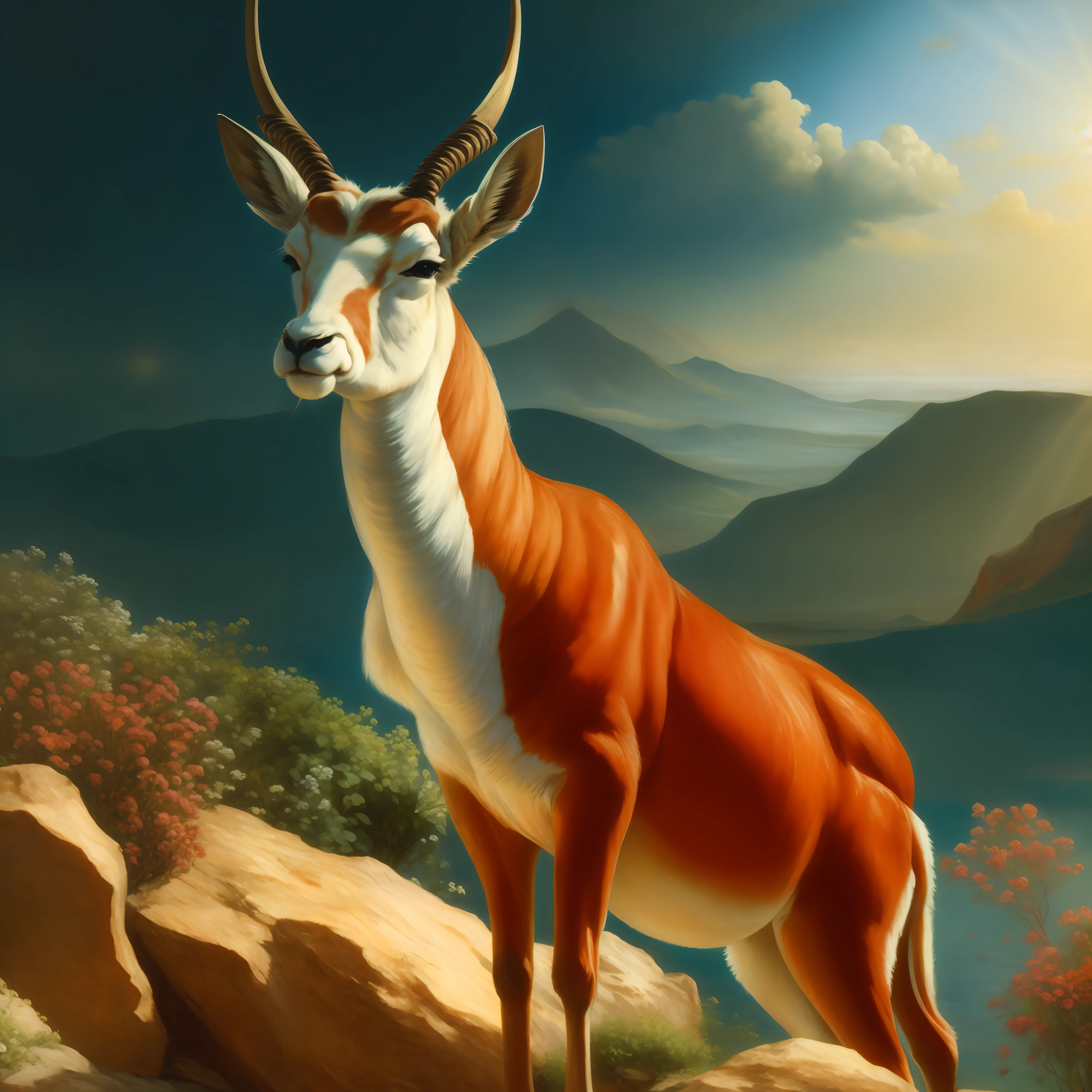 Antelope, a classic art painting by Gustave Courbet in the style of Sir Laurence Alma-Tadema, illuminated by bright sunlight