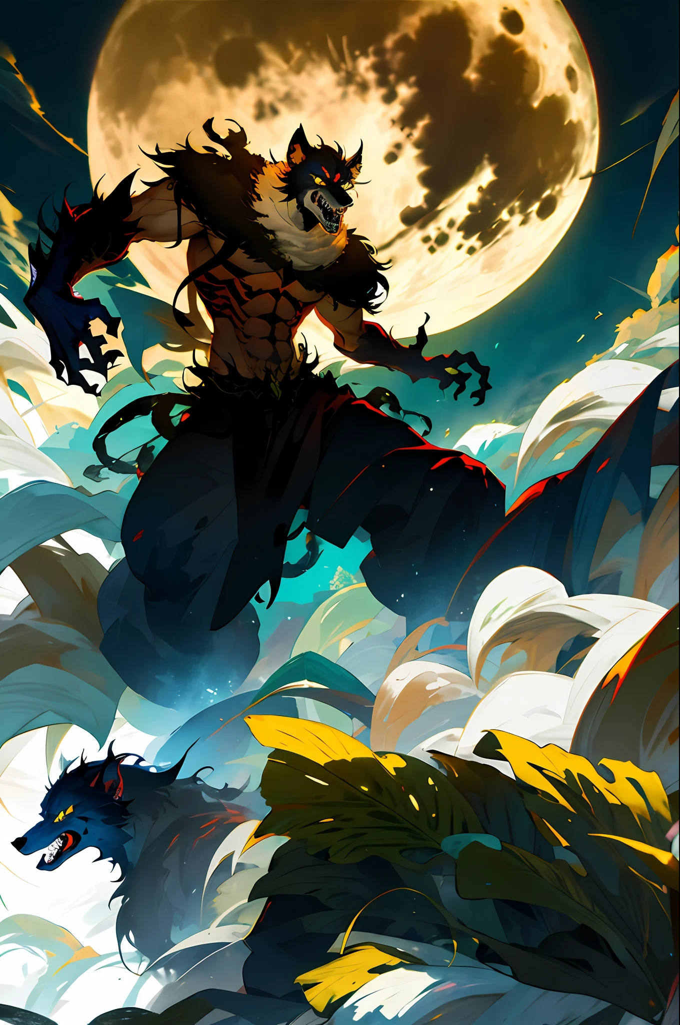 Monstrous werewolf with fierce face, rage, ferocious, frenesi, mystical forest background, night, full moon, darkness