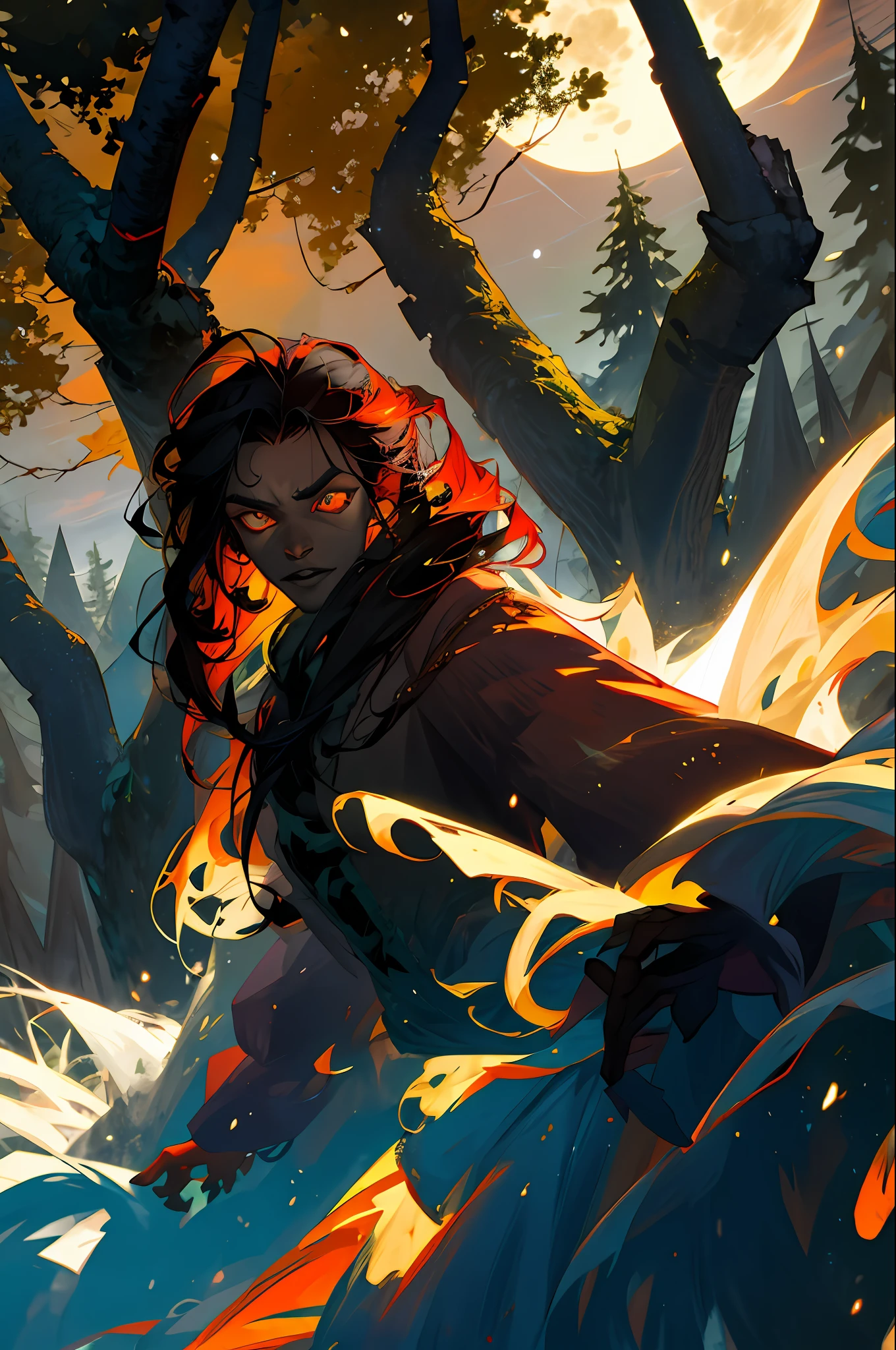 Monstrous werewolf with fierce face, rage, ferocious, frenesi, mystical forest background, night, full moon, darkness
