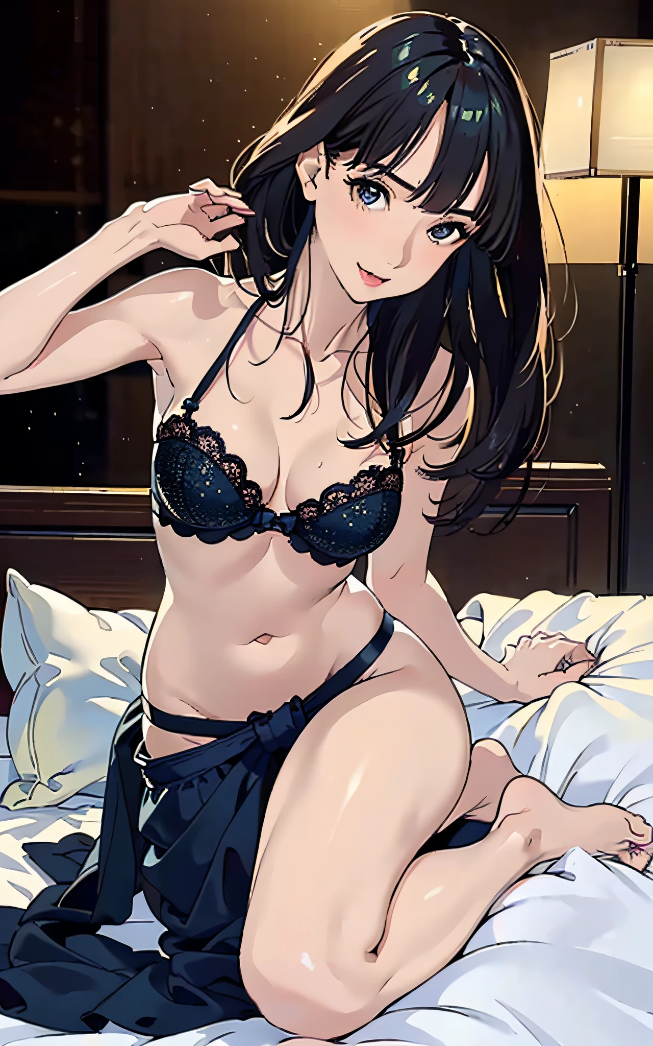 Superb, Ultra High Quality, (Realistic, Photorealistic), Instagram (Photorealistic, High Resolution: 1.4), Beauty, Japan Person, (Beautiful Face: 1.4), (Big, Slender, Constricted Waist), Medium Hair, On the Bed, Bokeh, Beauty, Glossy Skin, Small Head, Full Body, Sexy Lingerie, Bewitching, Sexy Pose, Solo