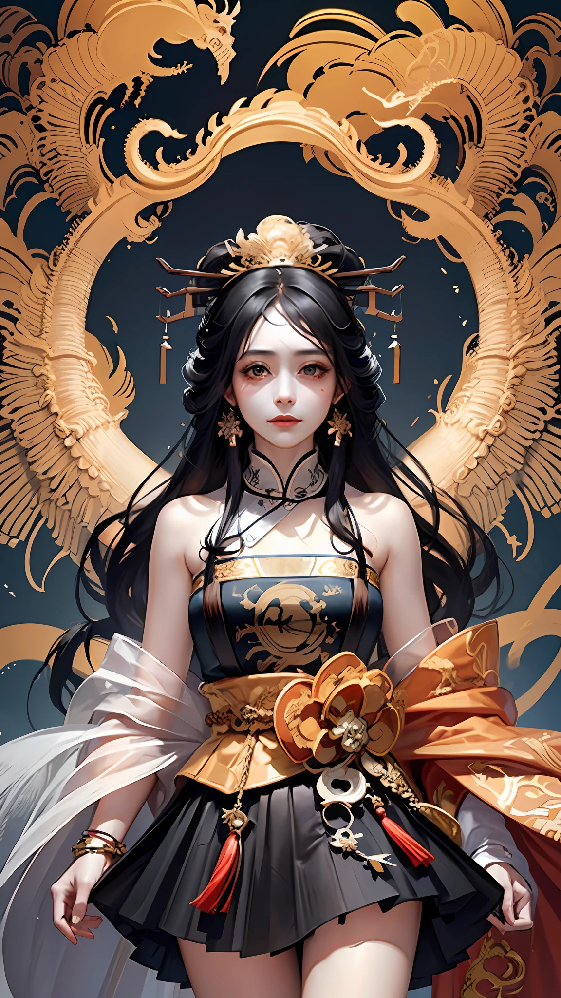 Official Art, Unified 8K Wallpapers, Ultra Detailed, Beautiful and Aesthetic, Masterpiece, Best Quality, (Zentangle, Tangle, Entangle), (fractal art: 1.4), 1girl close-up, long black hair, long flowing hair, fringed hair ornaments, Chinese, black and white hanfu, fringed waist ornaments, jade pendants, long skirts, horse face skirts, tulle clothes, cloudy and misty, petals, very detailed, dynamic angle, cowboyshot, (most beautiful form chaos), ethereal, (bright colors), OC, (half: 1.2), china, (thangka flying sky: 1.5), white flying dragon, (ribbon: 1.3), (dream: 1.5), (Hanfu: 1.5), Chinese dragon, (smile: 0.5 ), (Chinese deity),
