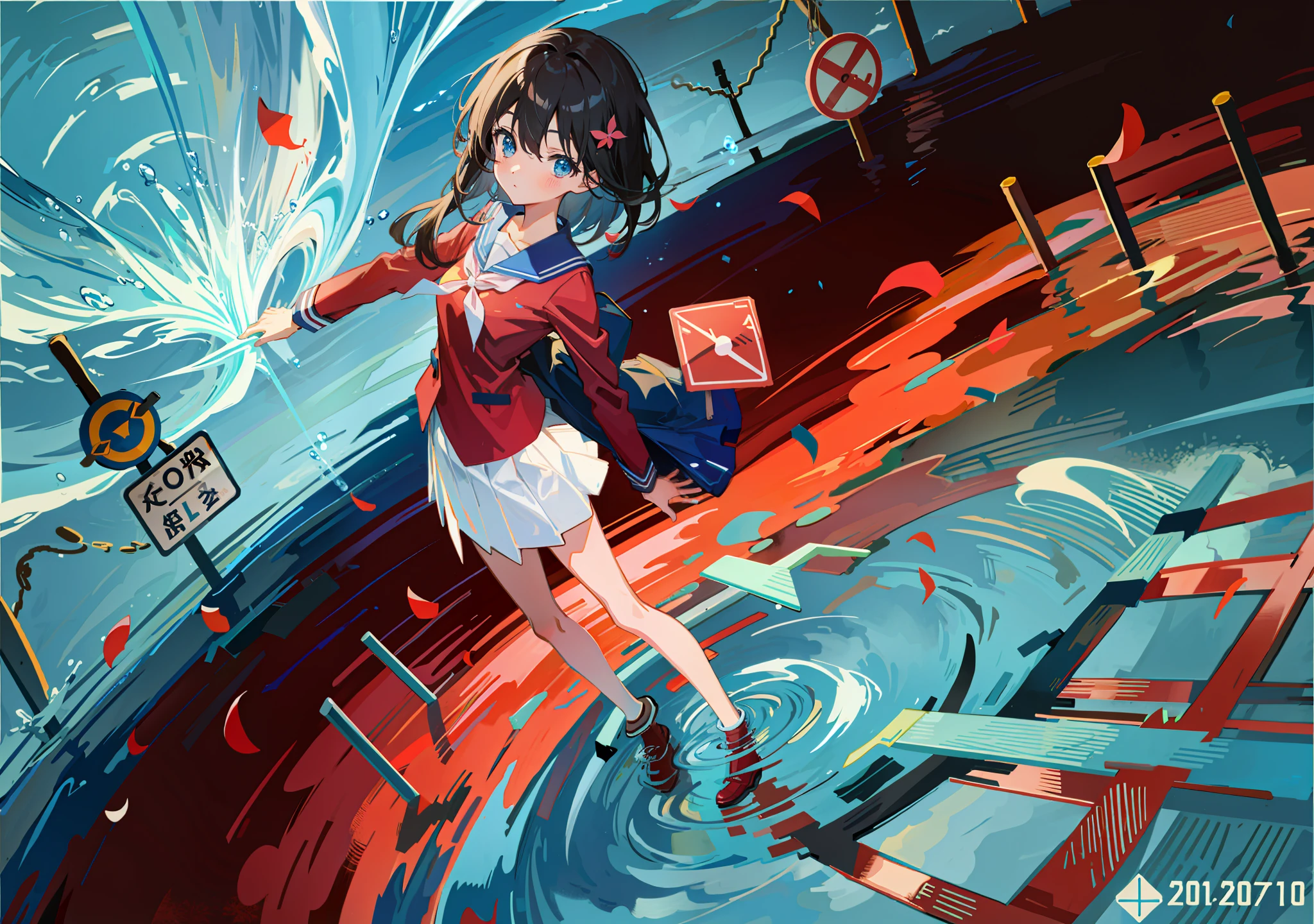 Lots of picture details, HD water ripple depiction, water droplets, bubbles, anime girl in red school uniform and white skirt walking on water, water reflection, traffic signs, beautiful sky, clouds, water ripples