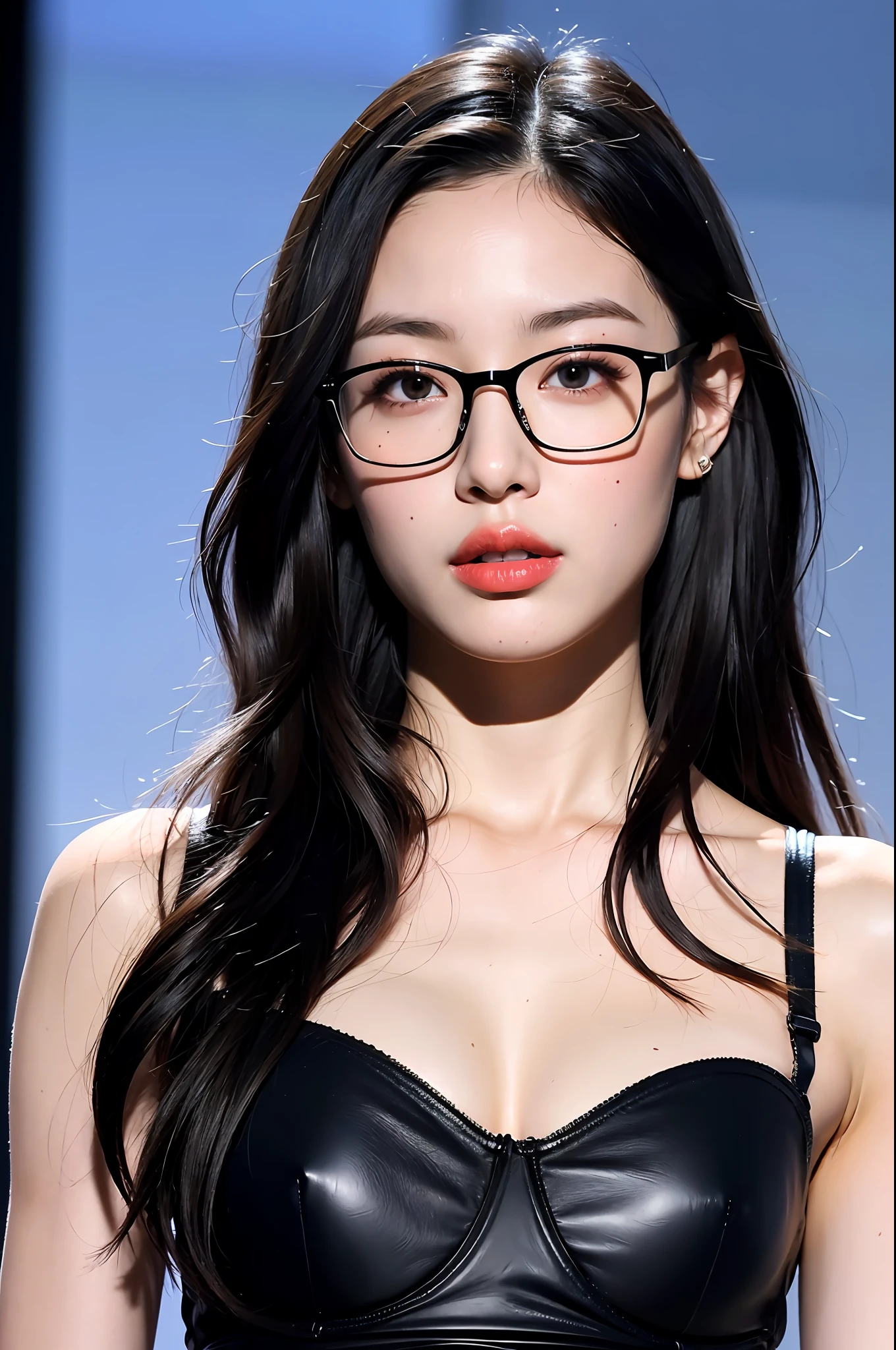 Youth, glasses, erotic underwear style, super cute, upper body close-up, nice perfect face with soft skin, gorgeous wavy long black hair, 8K resolution, ultra-realistic, super detailed, high quality, erotic and beautiful woman in trendy underwear on the runway,