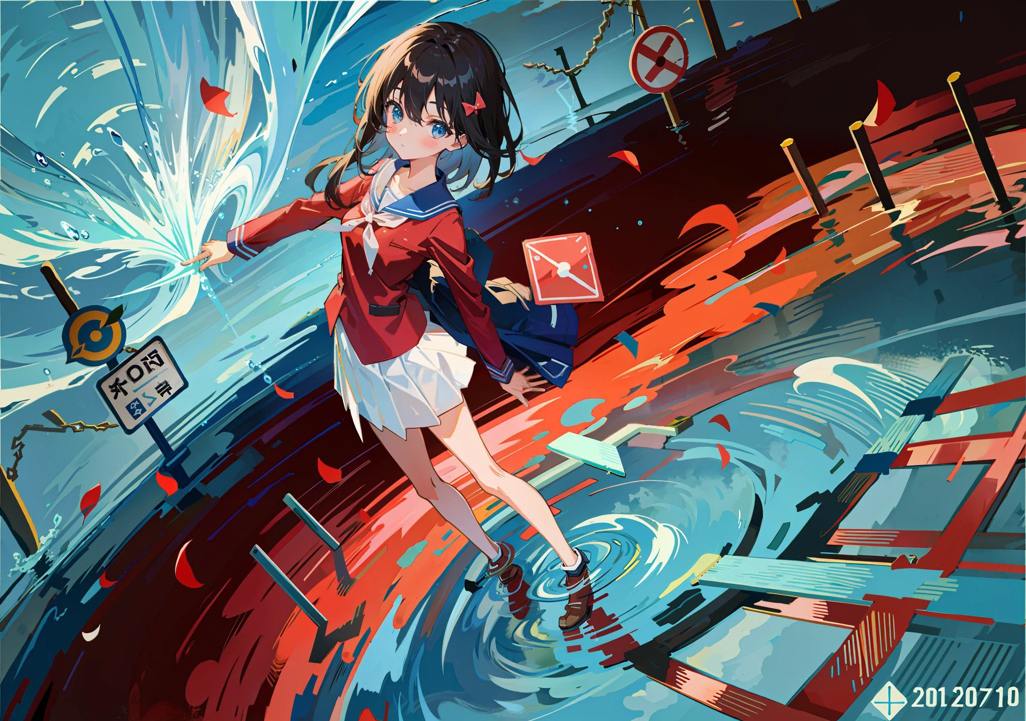 Lots of picture details, HD water ripple depiction, water droplets, bubbles, anime girl in red school uniform and white skirt walking on water, water reflection, traffic signs, beautiful sky, clouds, water ripples