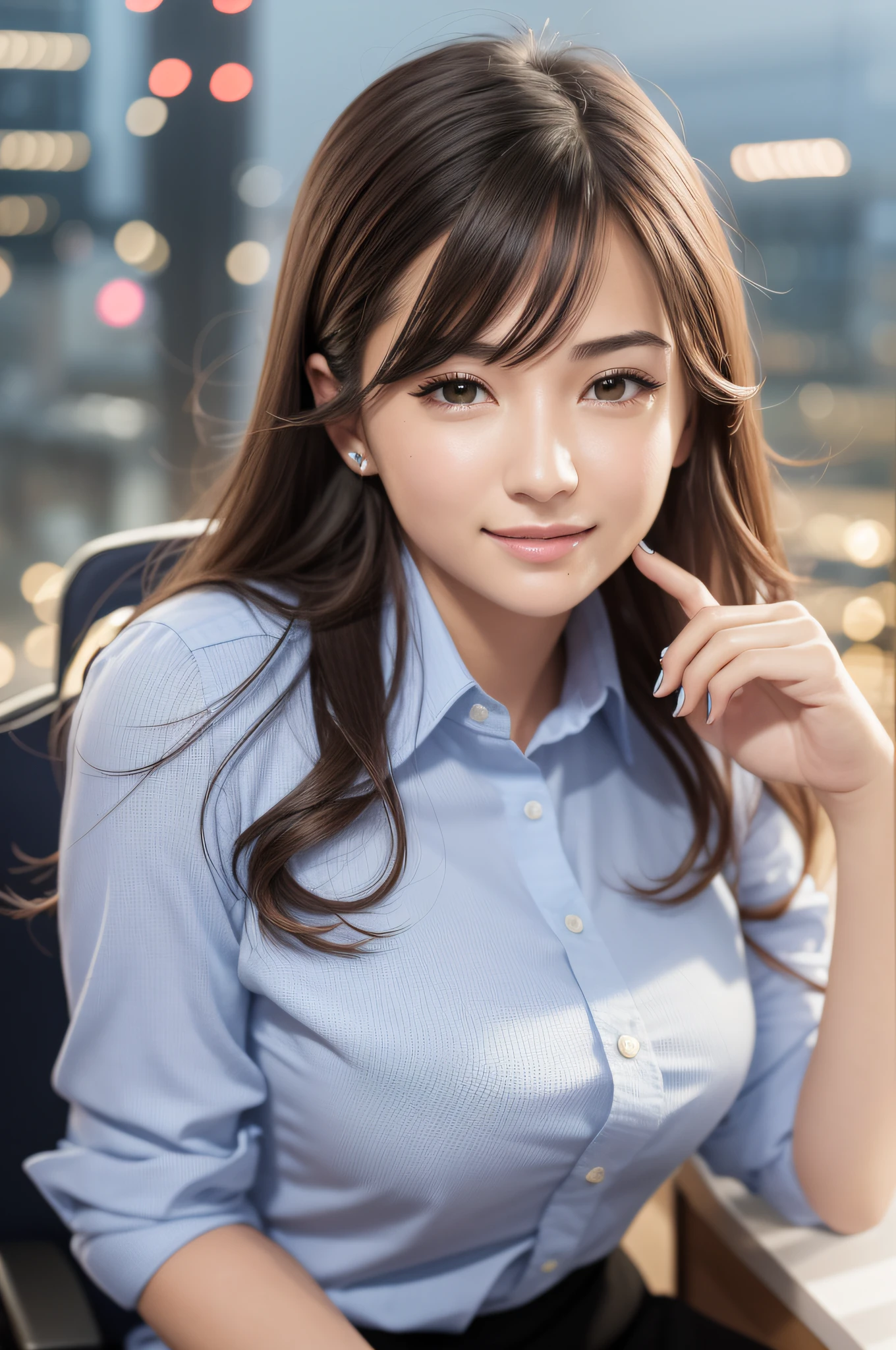 (8K, top quality, masterpiece: 1.2), (realistic, photorealistic: 1.37), ultra detailed, 1 girl, cute, solo, beautiful detailed sky, detailed office, night, sitting, (blush nose), (smile: 1.15), (mouth closed), small breasts, beautiful detailed eyes, (collared shirt: 1.1), night, wet, business clothes, pureerosface_v1, computer, detailed fingers, beautiful detail face, fair skin,