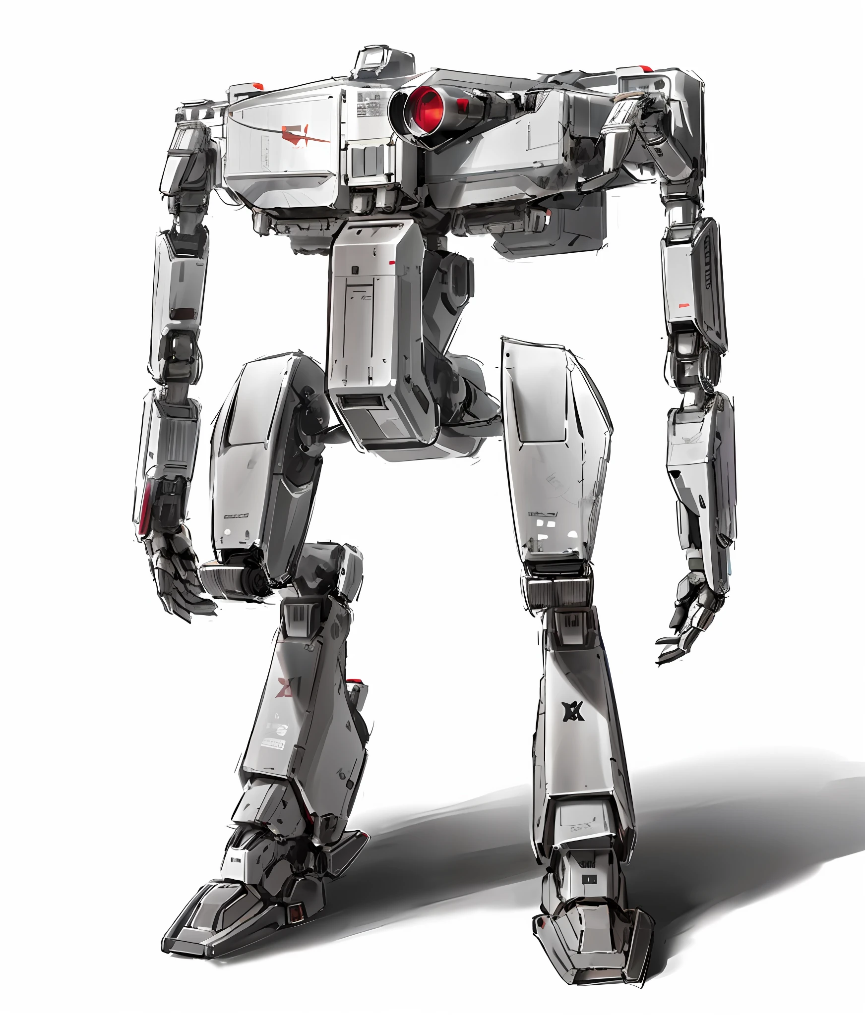 Close-up of robot with red light on the head, animated hand-drawn style, mecha body, full body mecha, mecha robot, mecha robot futuristic, metal gear mecha, mecha concept art, humanoid mecha, manga style fighter mech, fighter mech, mecha inspiration, sci-fi mecha, manatee-shaped mecha, mecha set,