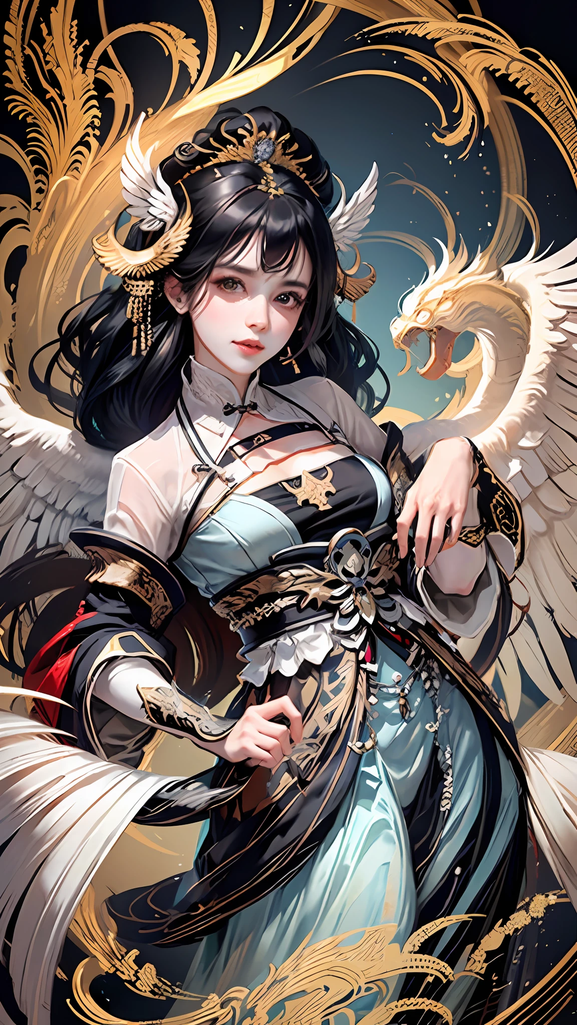 Official Art, Unified 8K Wallpapers, Ultra Detailed, Beautiful and Aesthetic, Masterpiece, Best Quality, (Zentangle, Tangle, Entangle), (fractal art: 1.4), 1girl close-up, long black hair, long flowing hair, fringed hair ornament, Chinese, black and white hanfu, fringed waist ornaments, jade pendant, long skirt, horse face skirt, tulle clothes, cloudy and misty, petals, very detailed, dynamic angle, cowboyshot, (most beautiful form chaos), flowing, oc, (half: 1), Chinese, black and white main color, black long dress, white flying dragon, (ribbon: 1.3), (dream: 1.5), (Hanfu: 2), Chinese dragon, Chinese phoenix, (smile: 0.5 ), (Chinese deities), n