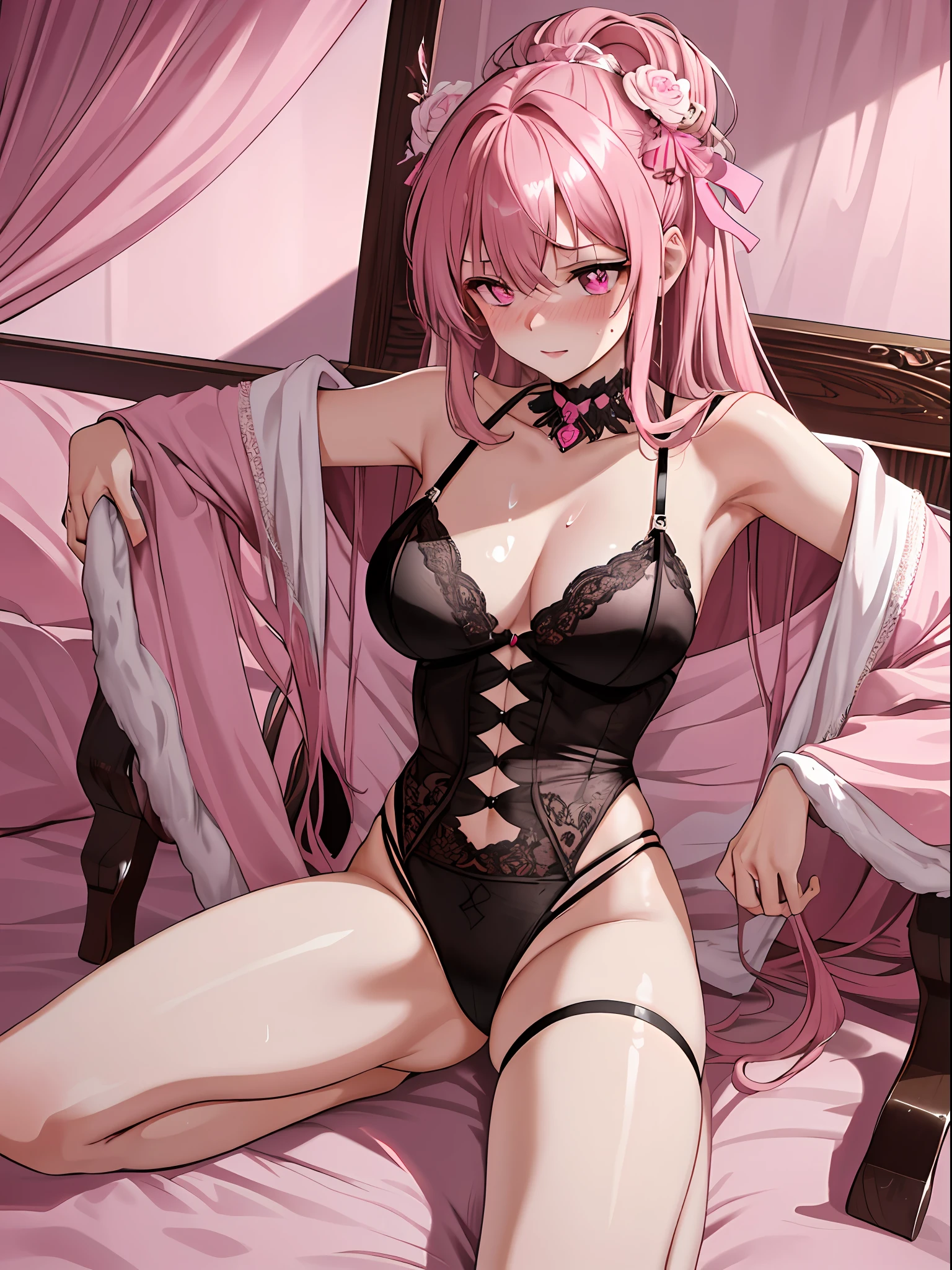 Best details, masterpiece, best quality, 4k, 8k, pink color, hair ornament, pink eyes, 18 years old, fashion model, slender, fluffy bed, sexy lingerie, seductive look, legs apart, blush and embarrassed, spread your legs as much as you want, and sweat from tension, the cutest girl in the world, perfect proportions