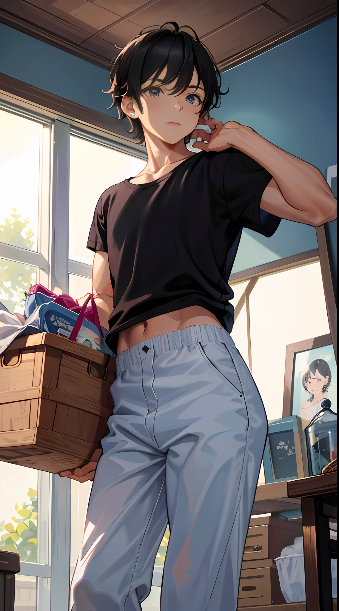 masterpiece, best quality, super detailed, illustration, masterpiece, best quality, super detailed, medium view, ((vista, wide angle 1.31)), at home, 1 boy, short black hair, comma hair, white t-shirt, black pants, at home, there is a clothes basket with blue cute panties