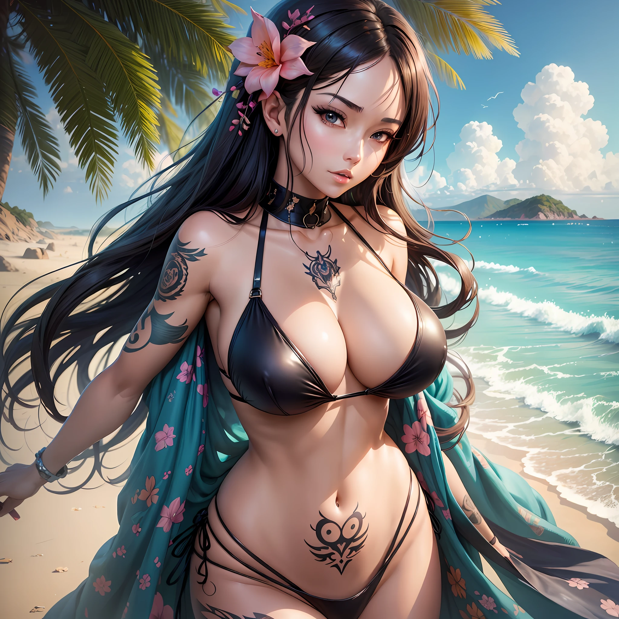 Seductive, sexy, 25 year old woman, anime with tattoos on her body and a bikini on the beach, close-up on the big breasts, extremely detailed artgerm, big boobs bouncing out of the bikini, beautiful anime art, detailed digital anime art, beautiful anime, artgerm. anime illustration, clean detailed anime art, [ 4k digital art ]!!, high definition anime art
