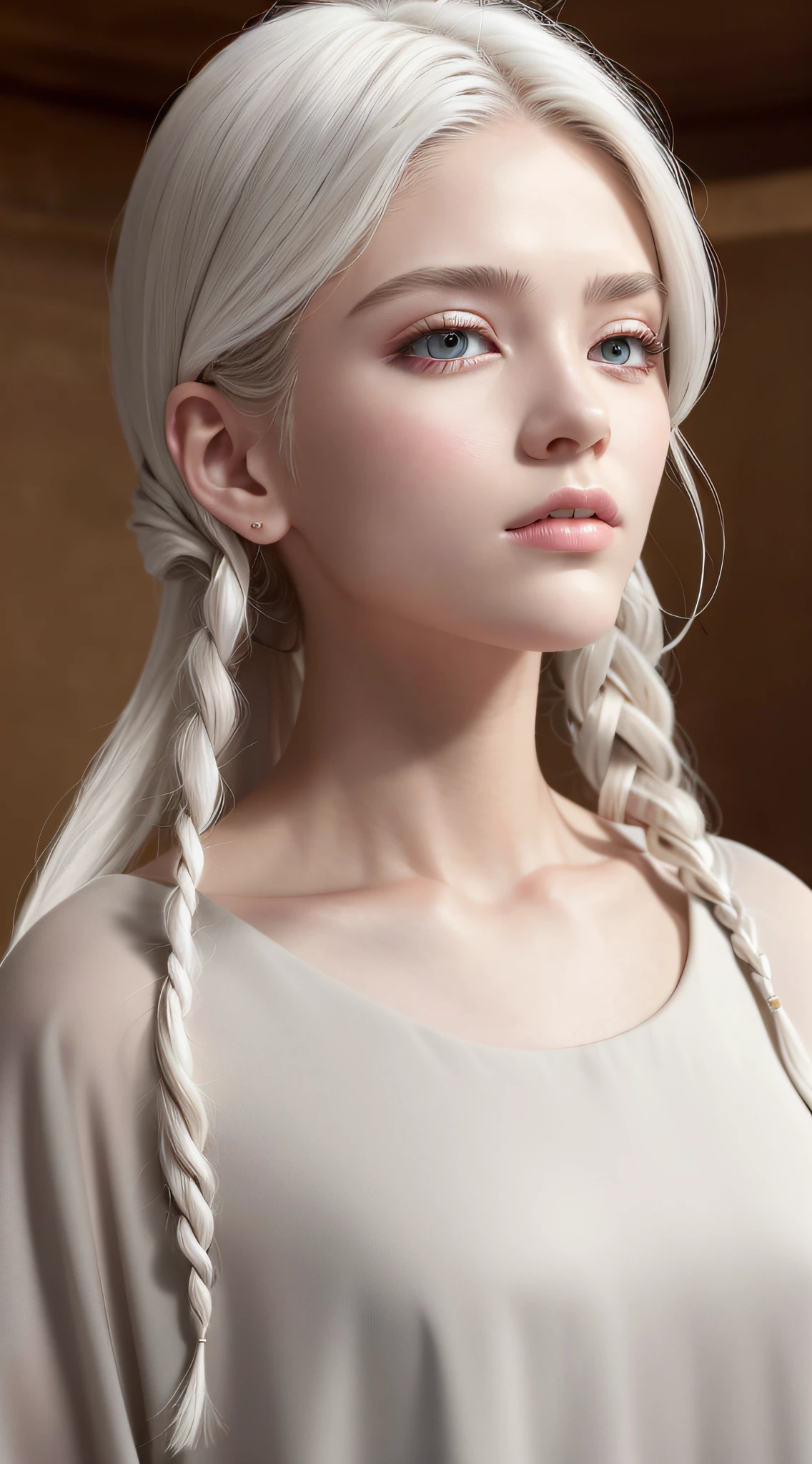 best quality, masterpiece,white hair, gold eyes,white clothes, looking up, upper body,hair strand,Fair skin,side braids