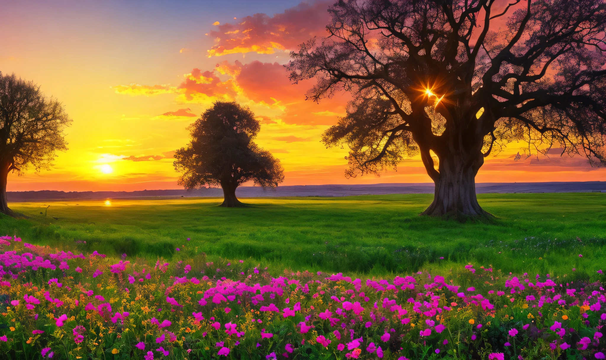 Natural scenery, sea of flowers, sunset, sunset, Gothic architecture, ancient trees,