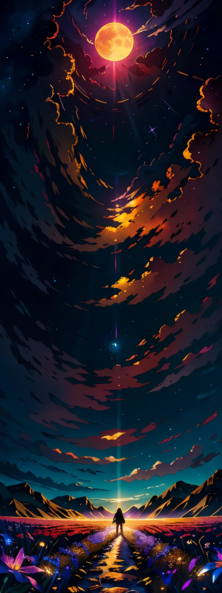 expansive landscape photograph , (a view from below that shows sky above and open field below), a girl standing on flower field looking up, (full moon:1.2), ( shooting stars:0.9), (nebula:1.3), distant mountain, tree BREAK
production art, (warm light source:1.2), (Firefly:1.2), lamp, lot of purple and orange, intricate details, volumetric lighting BREAK
(masterpiece:1.2), (best quality), 4k, ultra-detailed, (dynamic composition:1.4), highly detailed, colorful details,( iridescent colors:1.2), (glowing lighting, atmospheric lighting), dreamy, magical, (solo:1.2)