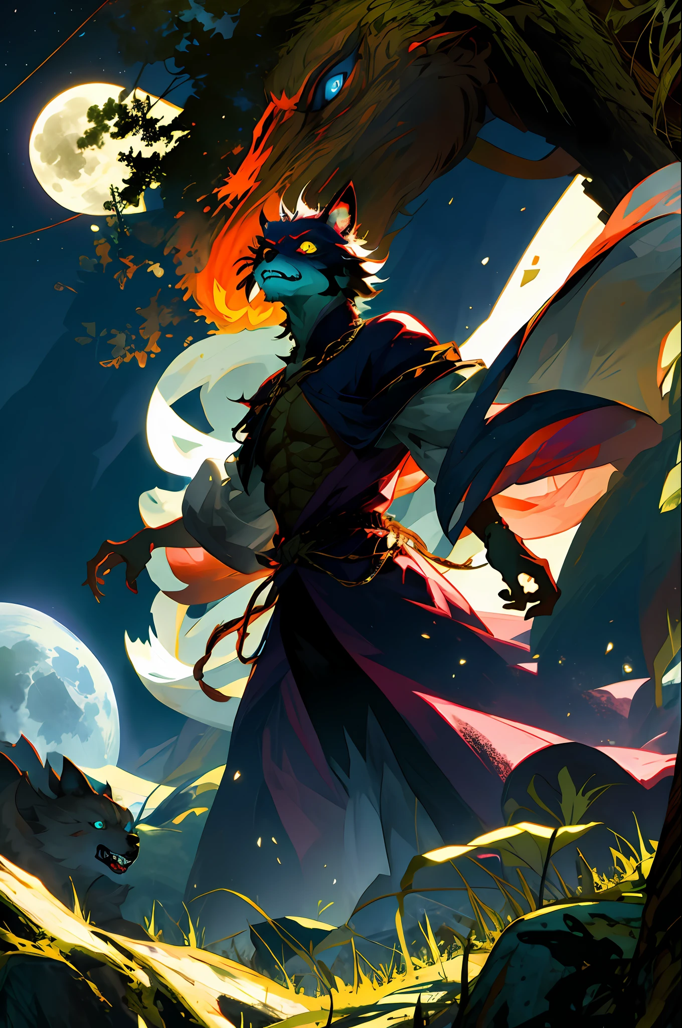 Monstrous werewolf with fierce face, rage, ferocious, frenesi, mystical forest background, night, full moon, darkness