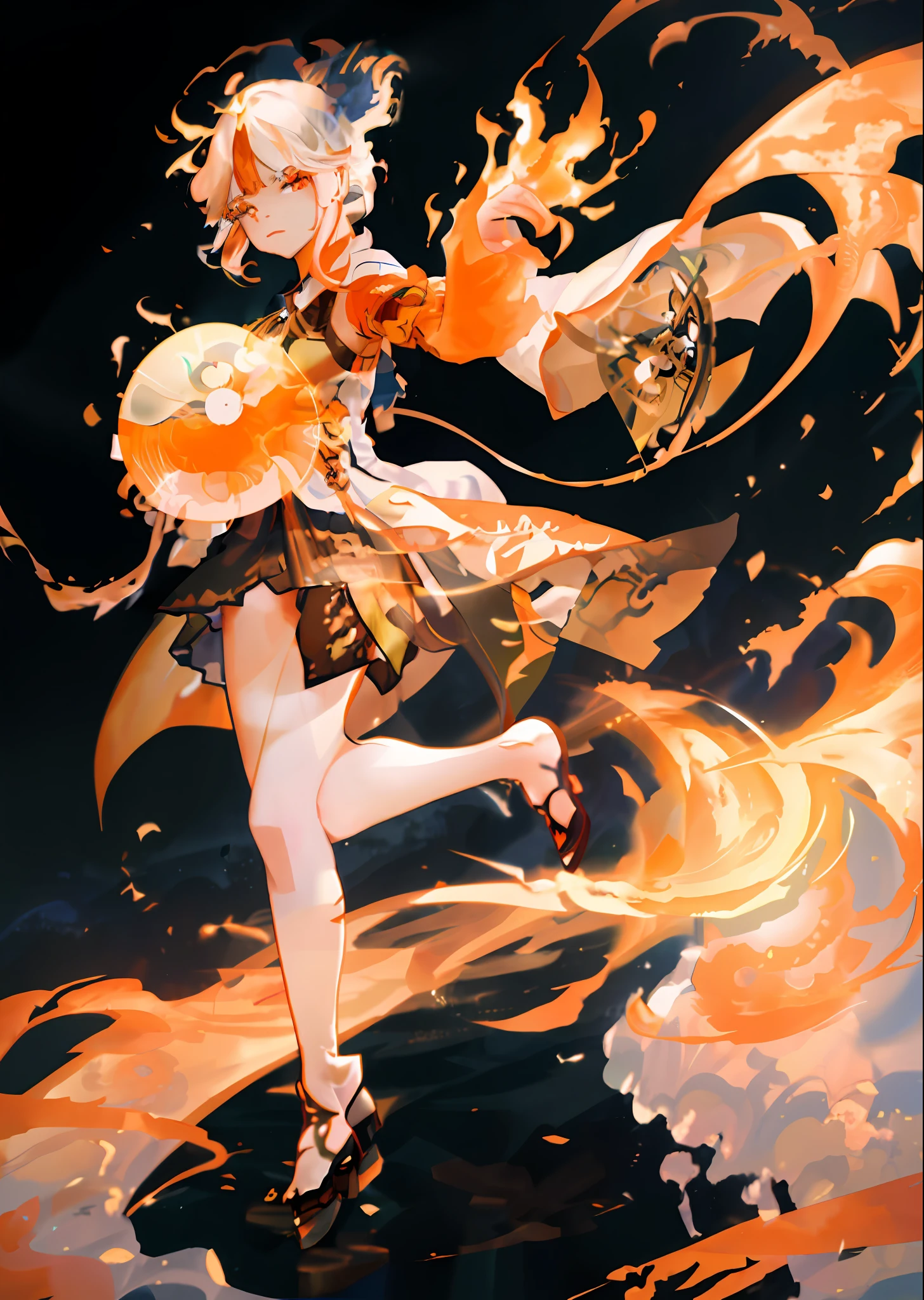 anime girl with orange hair and a black dress holding a fan, fire!! full body, ayaka genshin impact, ayaka game genshin impact, splash art anime , cushart krenz key art feminine, fire mage, rossdraws sakimimichan, trending on artstation pixiv, by Yang J, ornate with fiery explosions