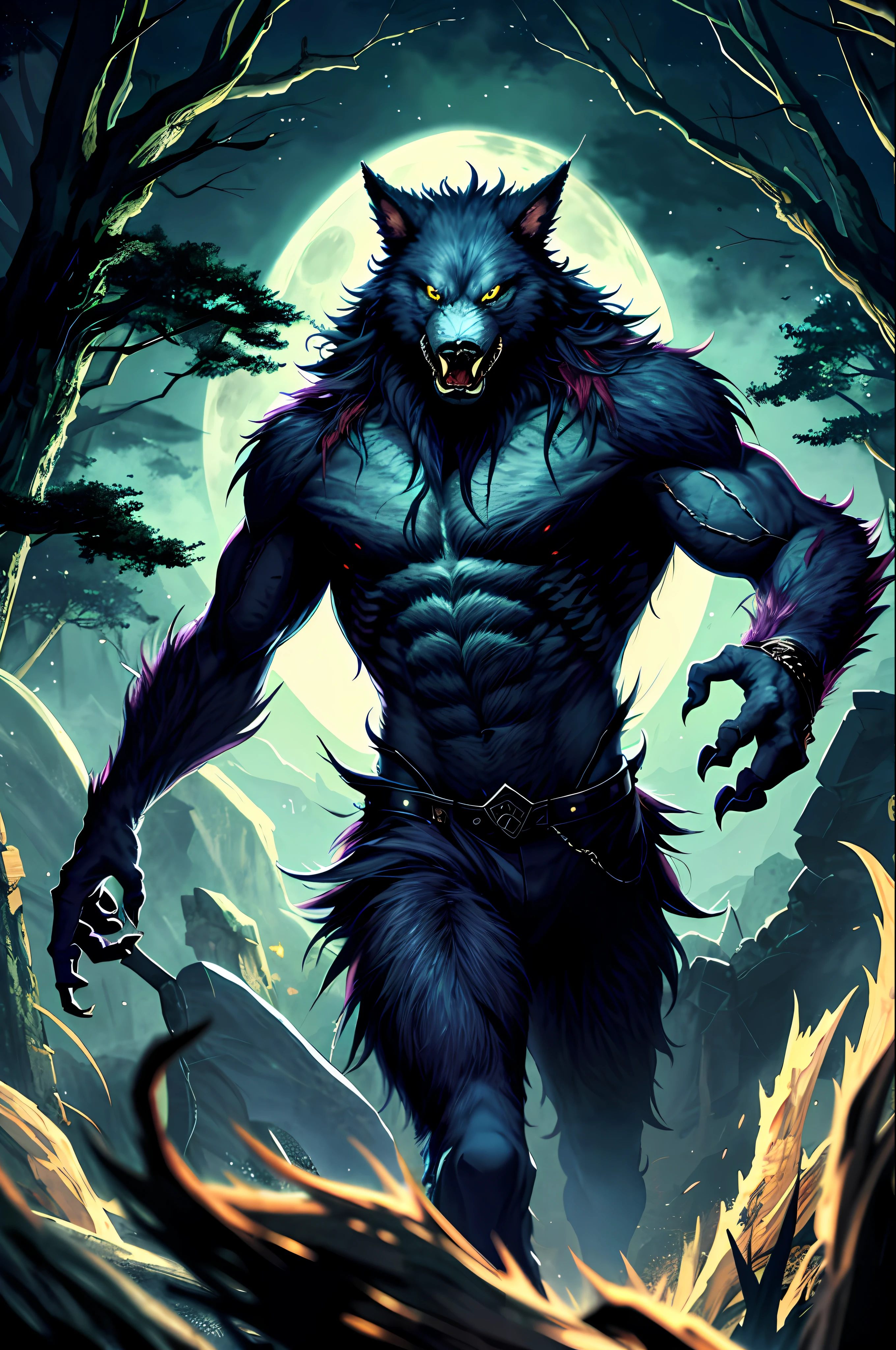 Monstrous werewolf with fierce face, rage, ferocious, frenesi, mystical forest background, night, full moon, darkness