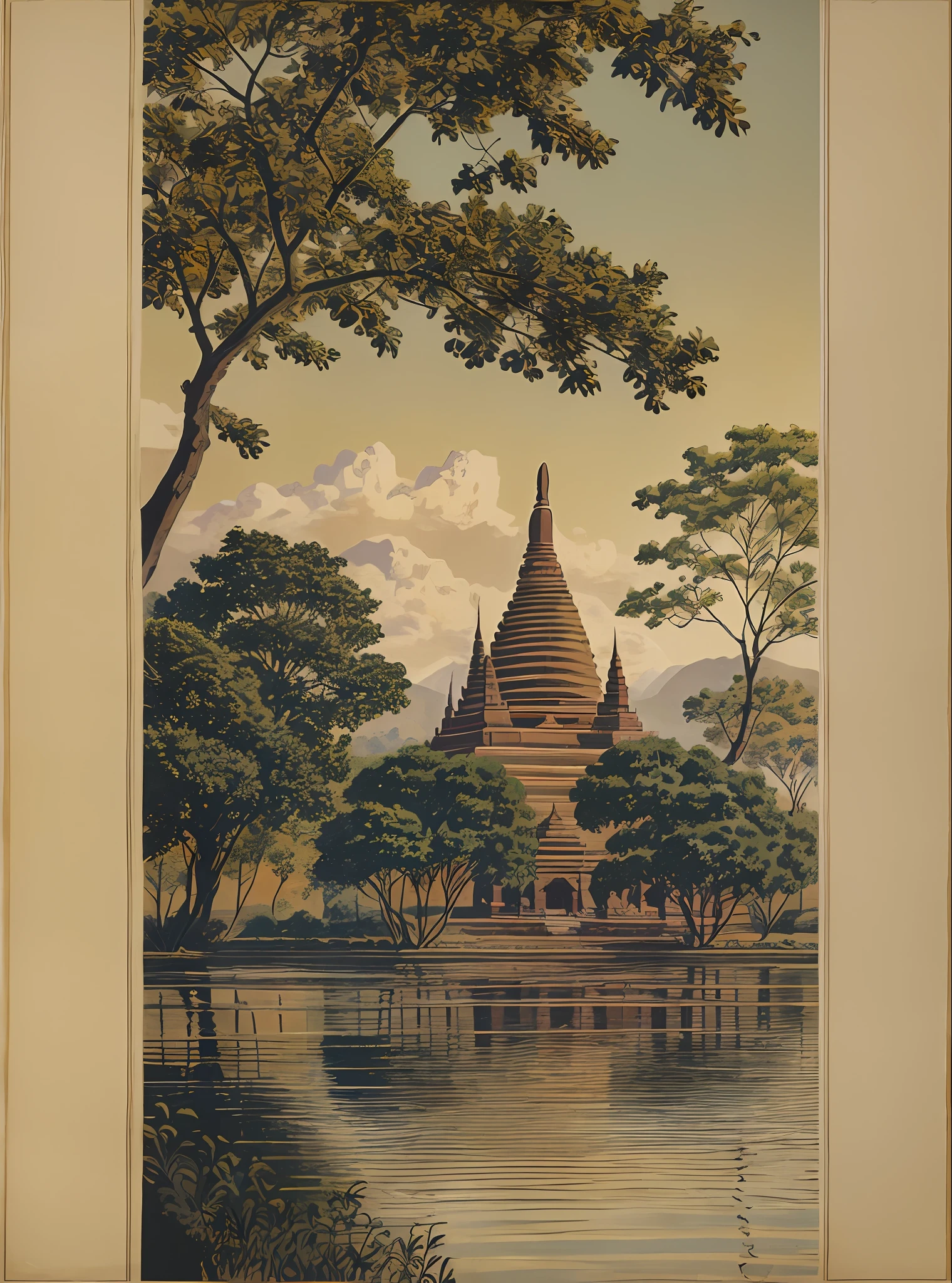(masterpiece,best quality),vintage poster,
park,moutain,water,tree, Bagan, Myanmar, Pagodas