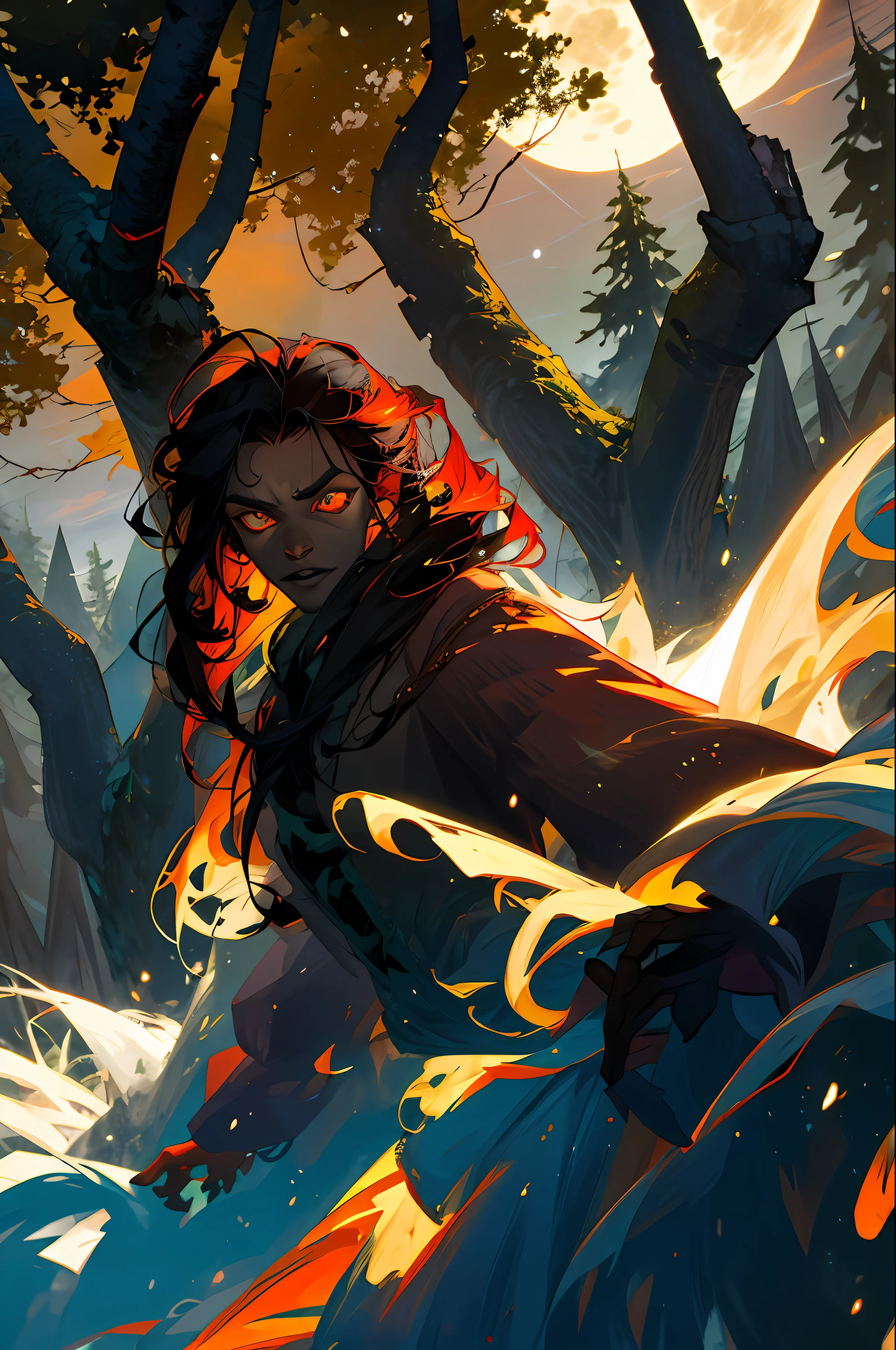 Monstrous werewolf with fierce face, rage, ferocious, frenesi, mystical forest background, night, full moon, darkness