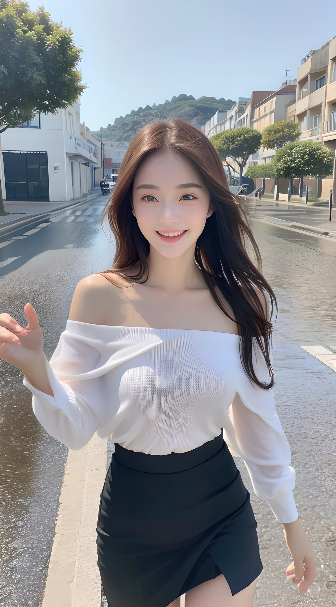 ((Best Quality, 8k, Masterpiece: 1.3)), Focus: 1.2, Perfect Body Beauty: 1.4, Buttocks: 1.2, ((Long Hair)), (Wet Clothes: 1.1) , (Rain, Street:1.3), Off-the-Shoulder Black Miniskirt: 1.1, Highly Detailed Face and Skin Texture, Detailed Eyes, Double Eyelids, Whitened Skin, Smile, Scene by the Sea, Dynamic Pose, Angle