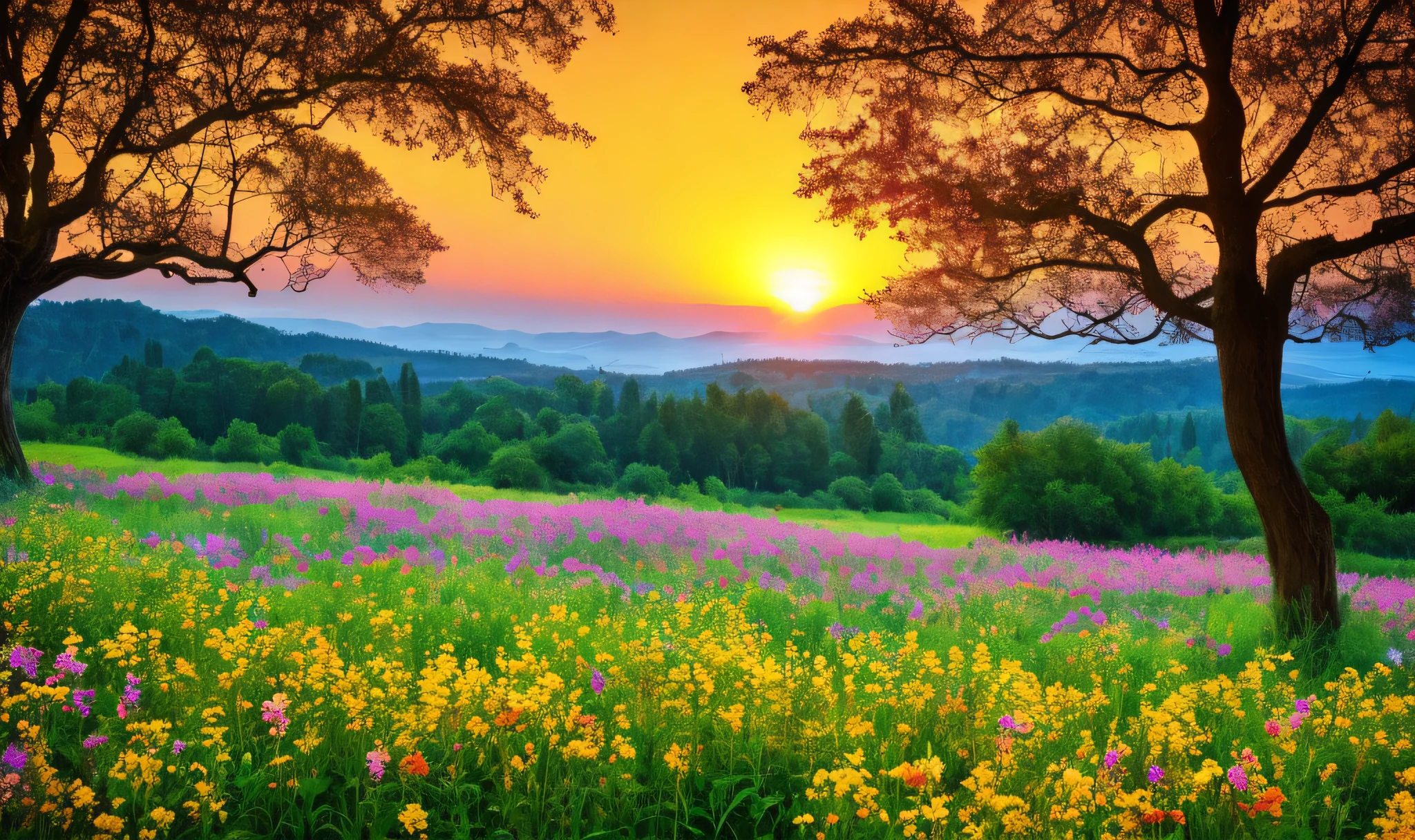 Natural scenery, sea of flowers, sunset, sunset, Gothic architecture, ancient trees,