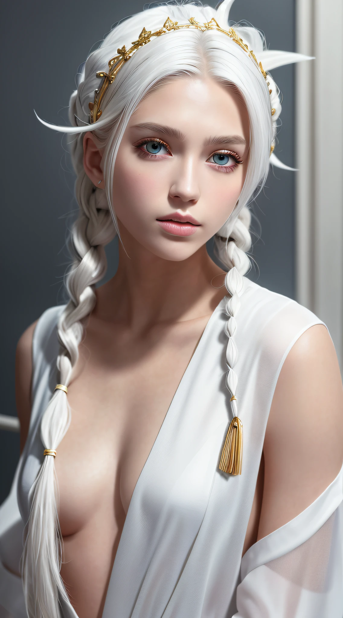 Excellent, masterpiece, white hair, golden eyes, white clothes, overlook, upper body, hair, fair skin, side braids