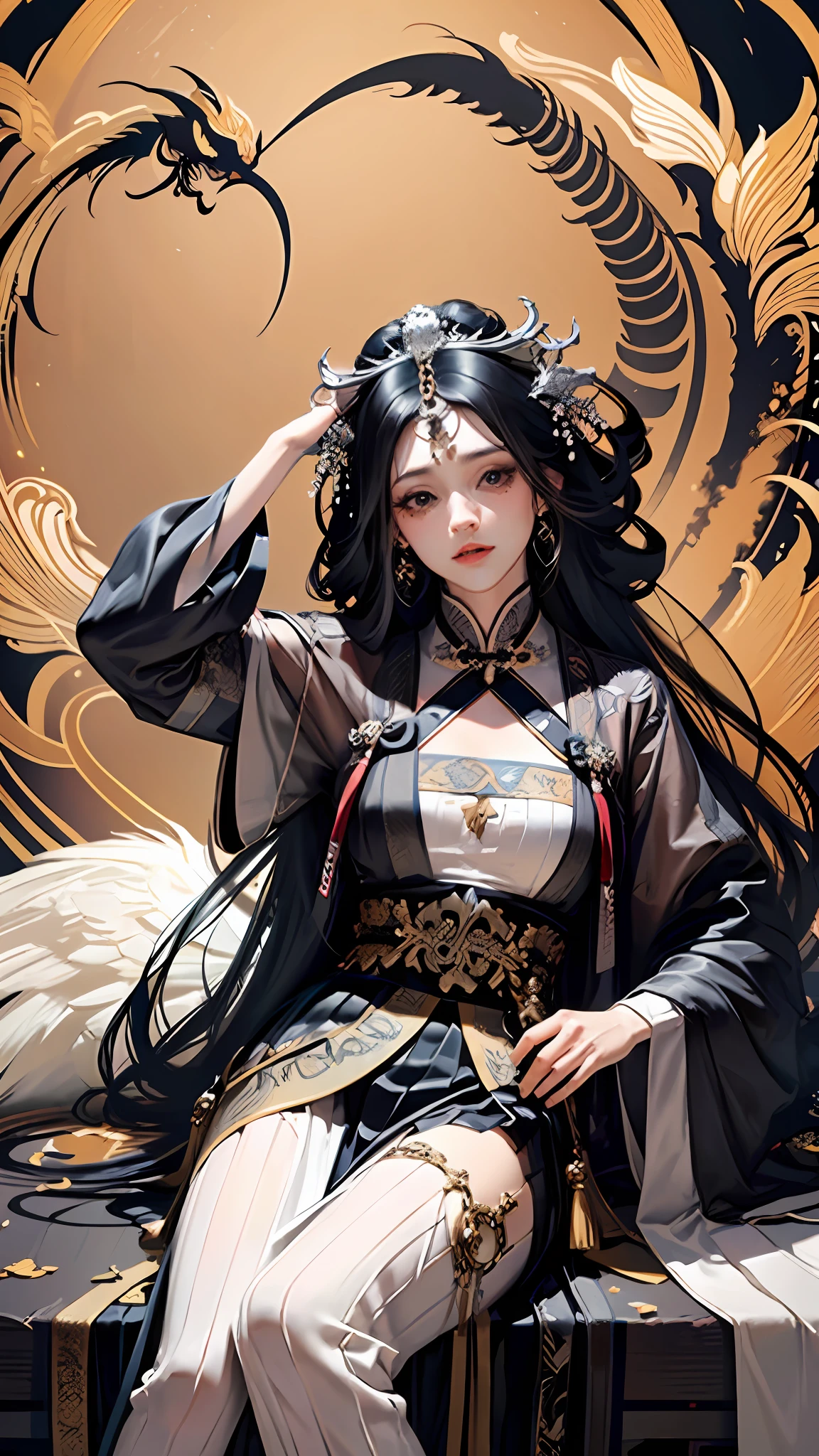 Official Art, Unified 8K Wallpaper, Ultra Detailed, Clear Detail, Beauty and Aesthetics, Masterpiece, Best Quality, (Zentangle, Tangle, Entangle), (fractal art: 1.4), 1girl close-up, long black hair, long flowing hair, hair visible, fringed hair ornaments, Chinese, black and white hanfu, fringed waist ornaments, jade pendant, long skirt, horse face skirt, tulle clothes, cloudy and misty, petals, very detailed, dynamic angle, cowboyshot, (most beautiful form of chaos), flowing, oc, (half: 1), Chinese, black and white main color, black long dress, white flying dragon, (ribbon: 1.3), (dream: 1.5), (Hanfu: 2), Chinese dragon, Chinese phoenix, (smile: 0.5 ), (Chinese deities), n