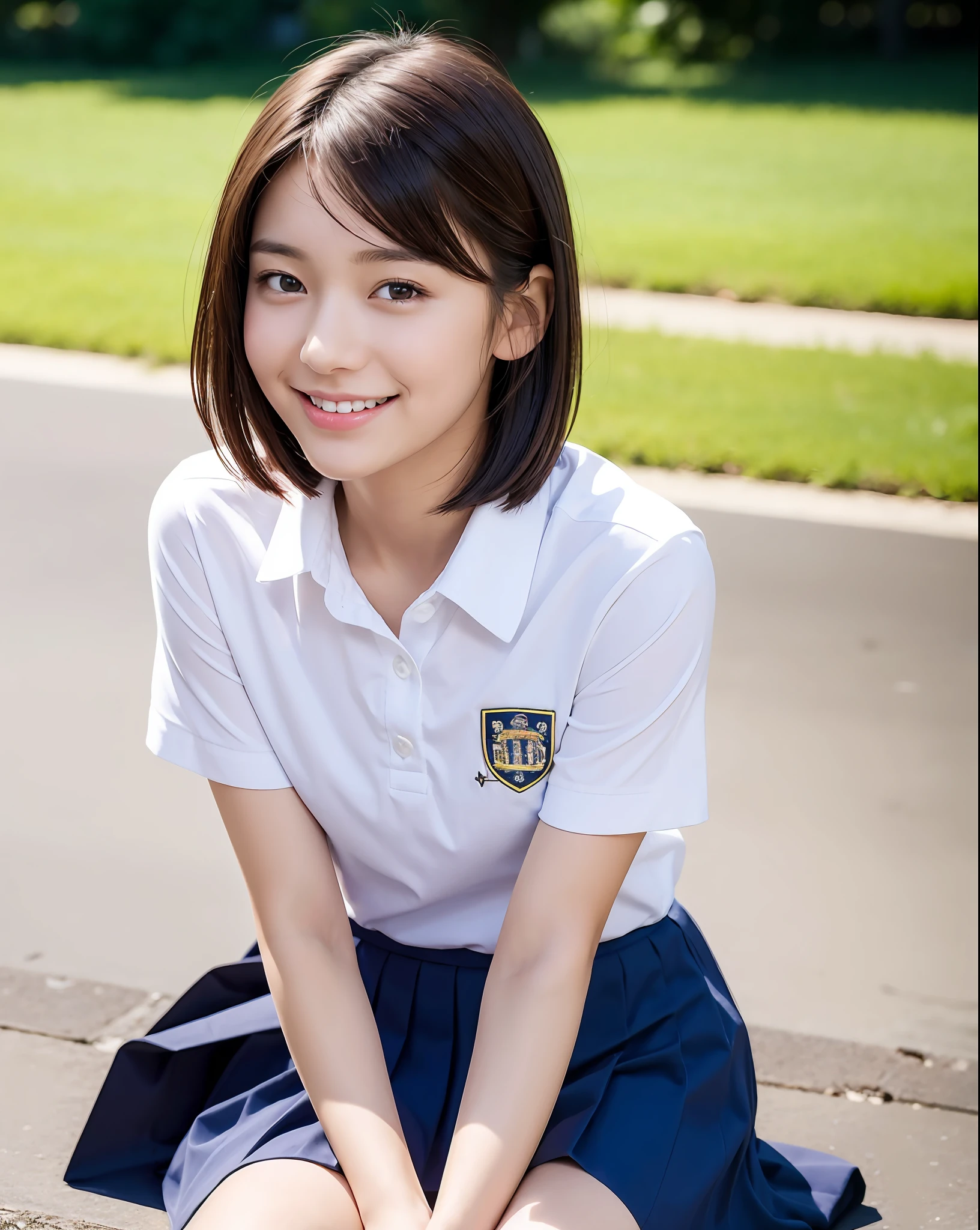 beautiful girl with perfect figure, very detailed face and skin texture, smile face, detailed eyes, short hair, little messy hair, school uniform, sitting on the grounds, background park, high resolution, photorealistic