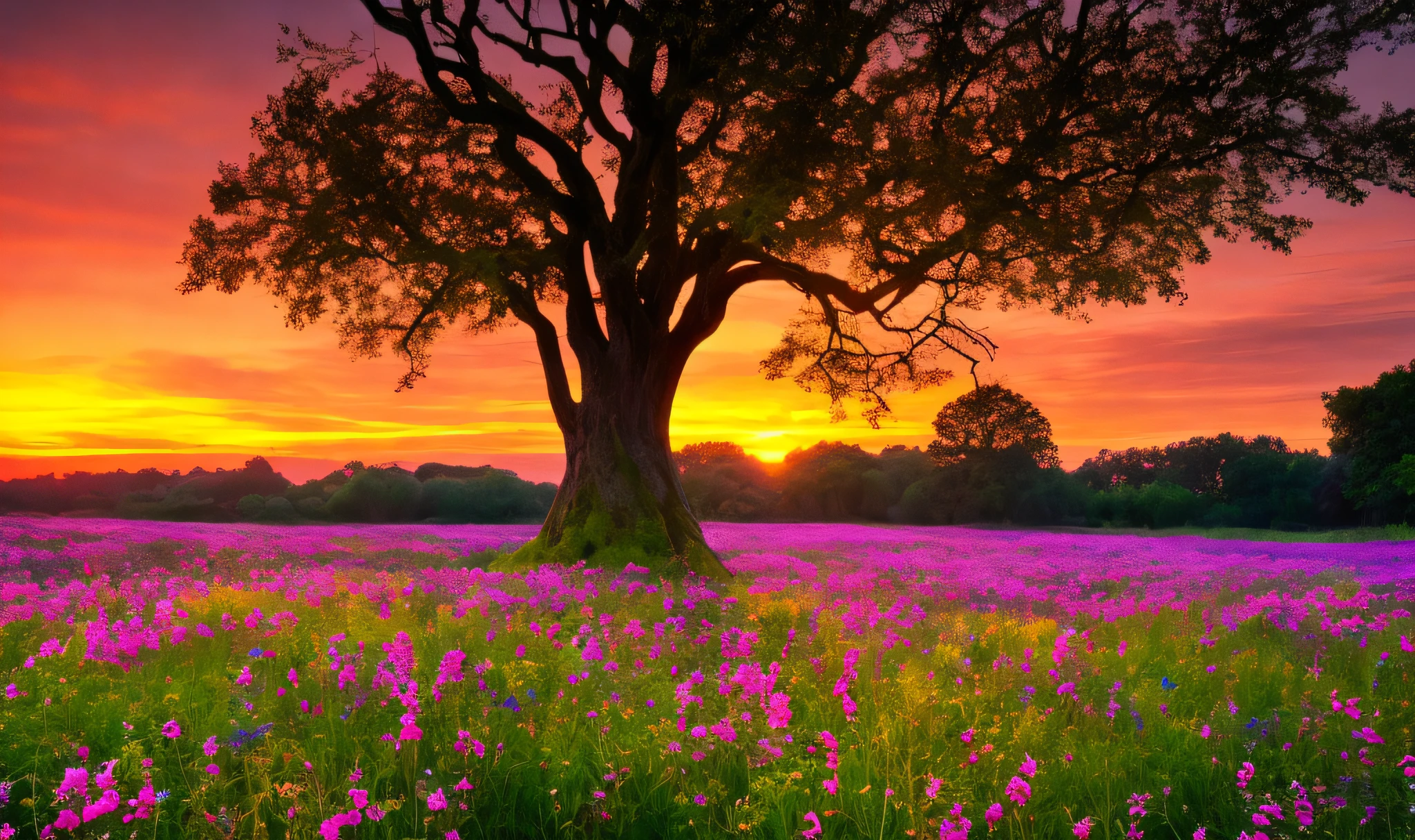 Natural scenery, sea of flowers, sunset, sunset, Gothic architecture, ancient trees,