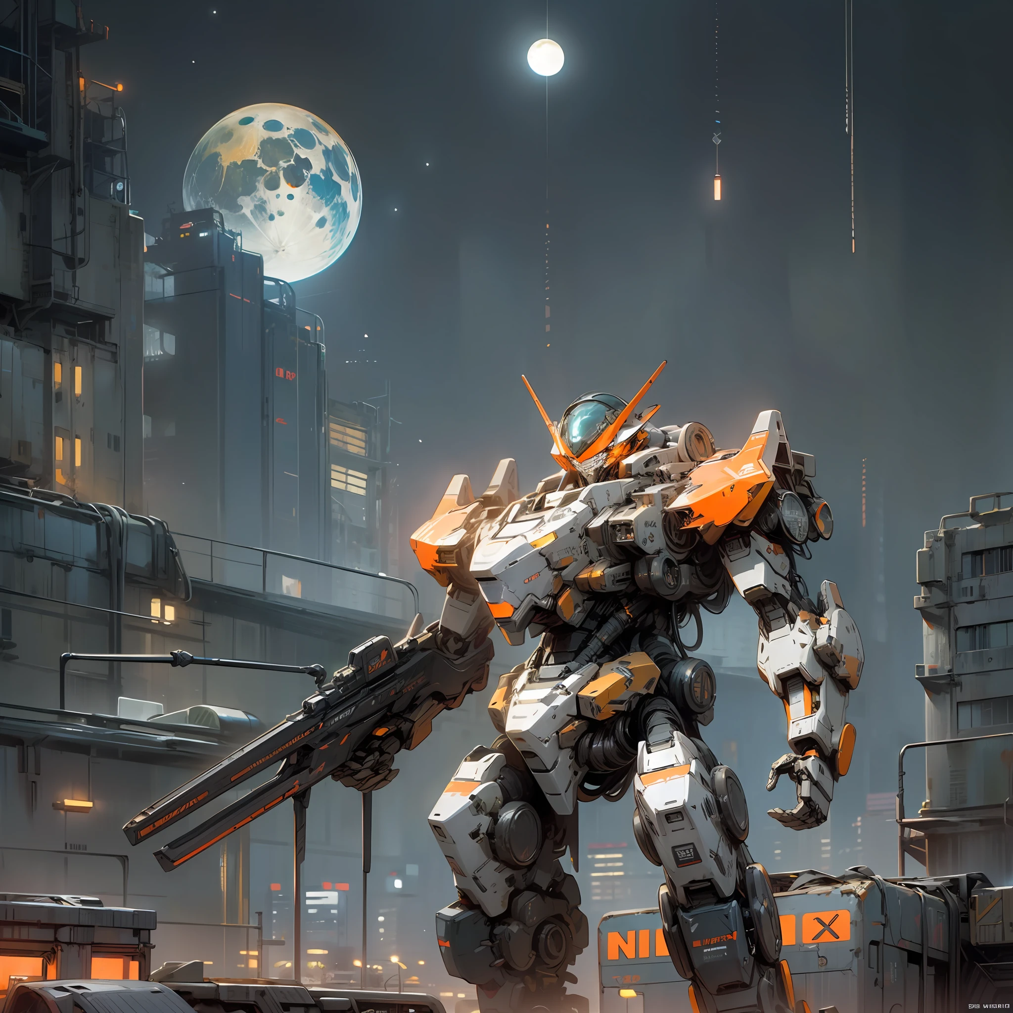 On the moon,barren planets, ruins, holding_weapon, no_humans, glowing, robot, building, glowing_eyes,orange mecha, science_fiction, city, realistic,mecha,Milky Way Galaxy background,neon,cyberpunk, --auto --s2