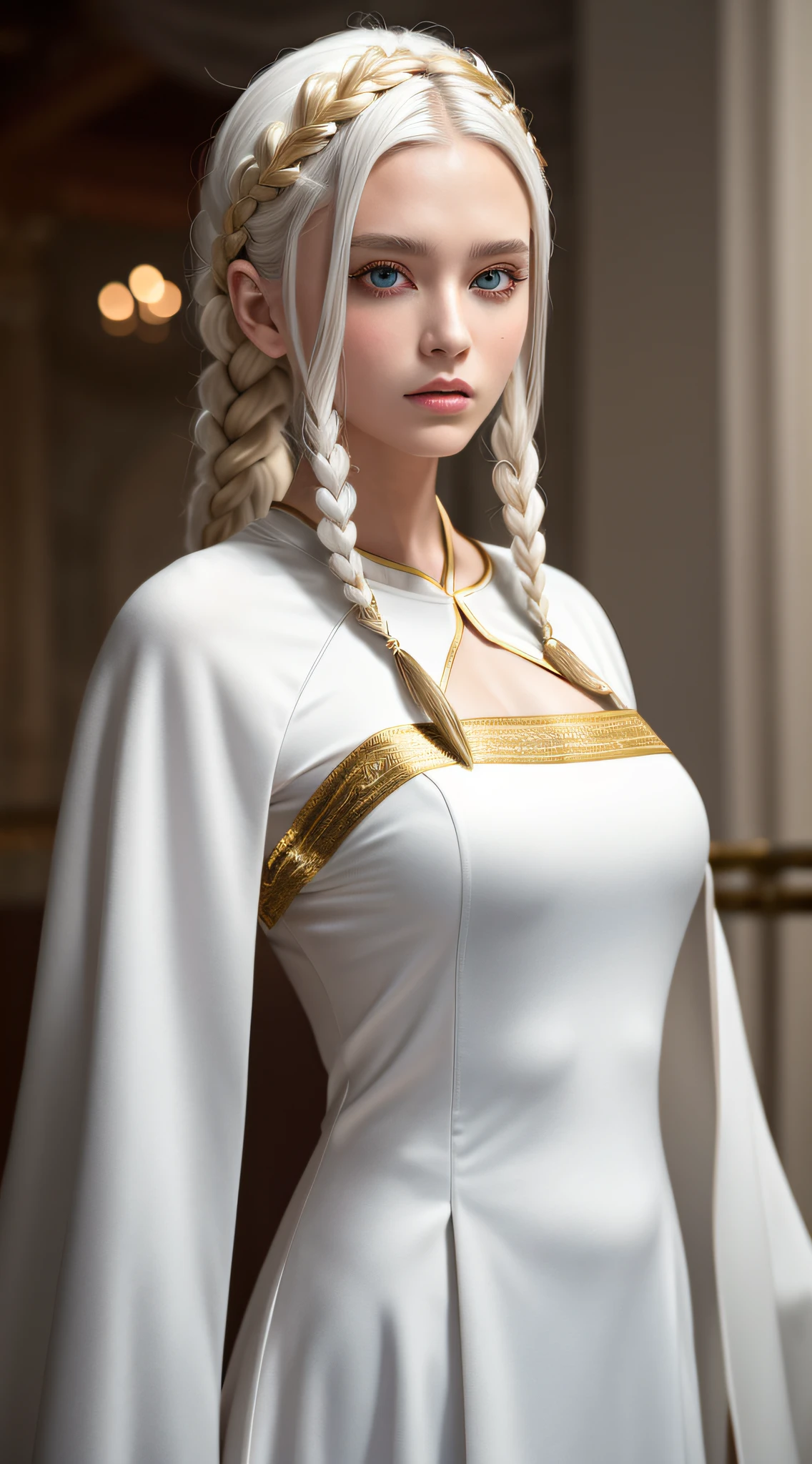 Excellent, masterpiece, white hair, golden eyes, white clothes, overlook, upper body, hair, fair skin, side braids