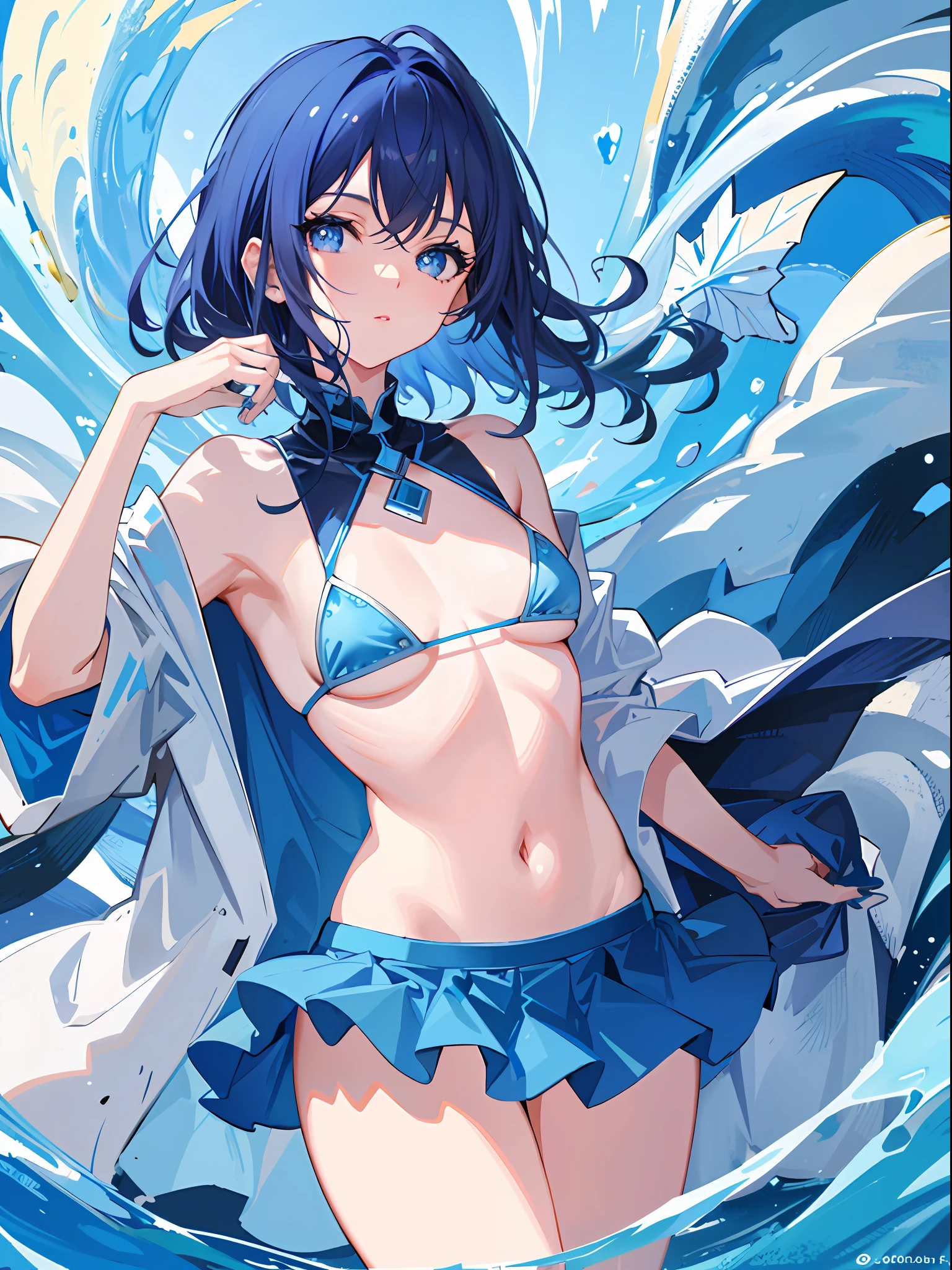 ice spirit, solo, girl, short stature, mini, slender, ultramarine color, light blue hair, short hair, light blue eyes, nails blue, lips also blue, super mini bikini, water world, the most beautiful girl in the world, beautiful hands (super detailed),