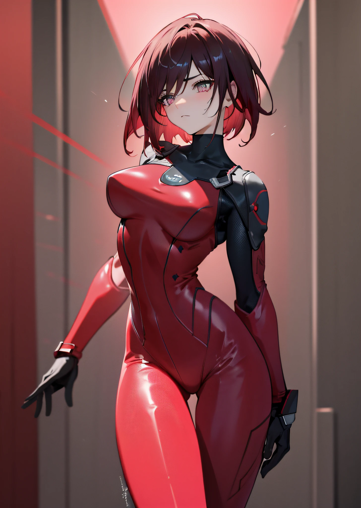(masterpiece), best quality, high resolution, ultra-detailed, brilliant texture, Ruby Rose, standing powerful, tight bodysuit emphasizing her gorgeous figure, dynamic lighting, red/pink color contrast, cinematic view, intense emotions, immersive experience, timeless beauty, breathtaking.