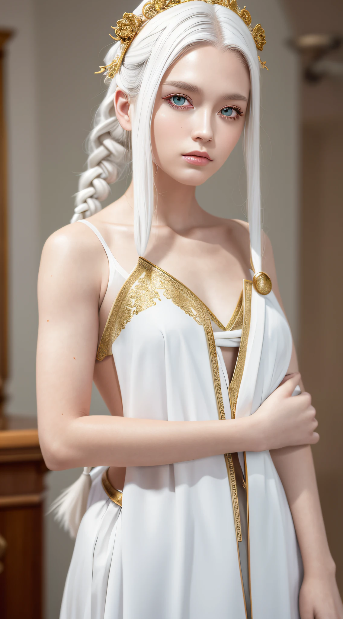 Excellent, masterpiece, white hair, golden eyes, white clothes, overlook, upper body, hair, fair skin, side braids
