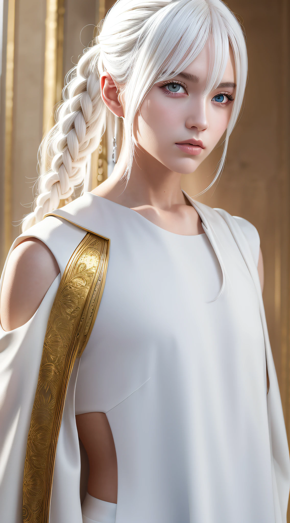 Excellent, masterpiece, white hair, golden eyes, white clothes, overlook, upper body, hair, fair skin, side braids