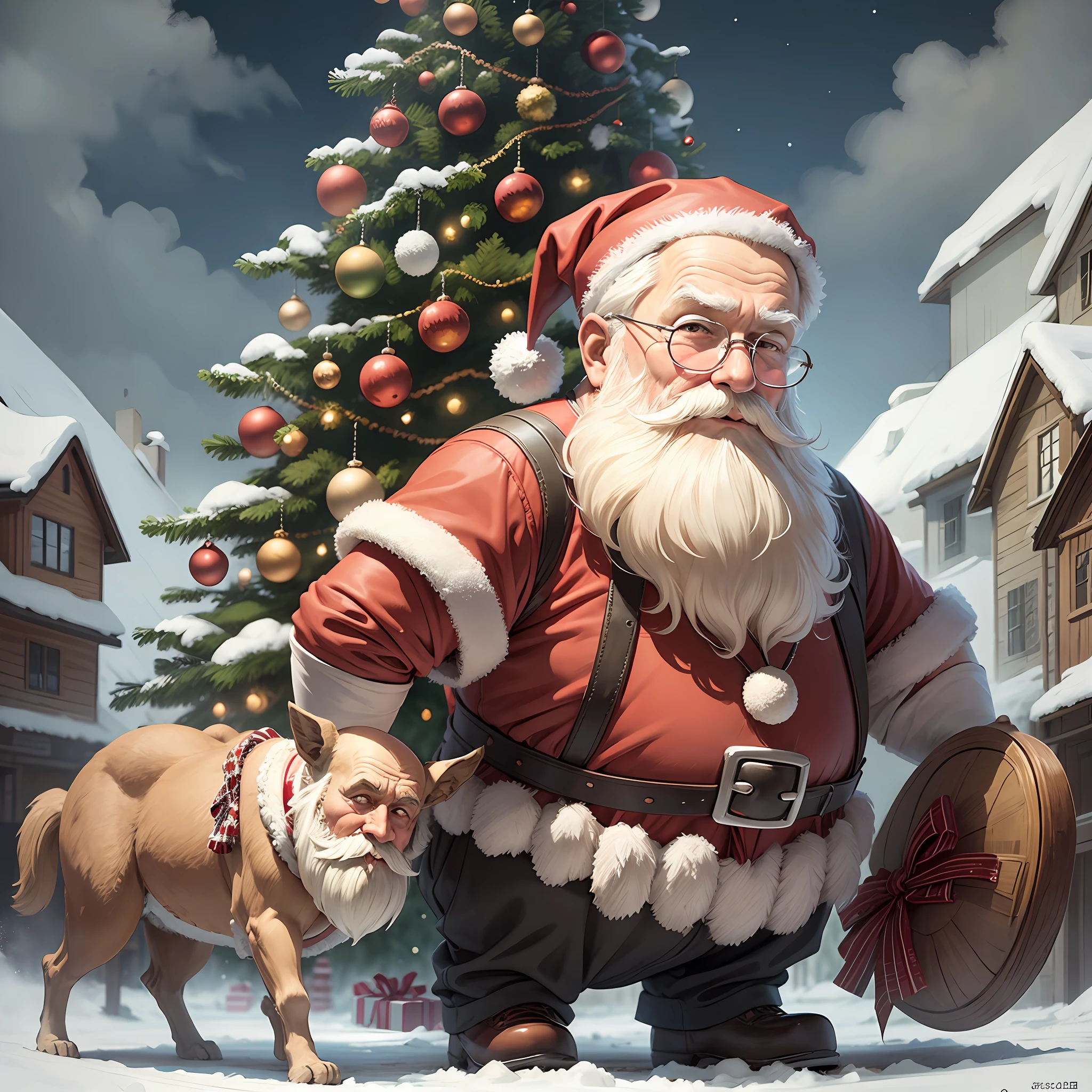 Santa Claus, Old Man, Carrying Presents, Illustration Style, Vintage, Gifts, Christmas Tree --auto --s2