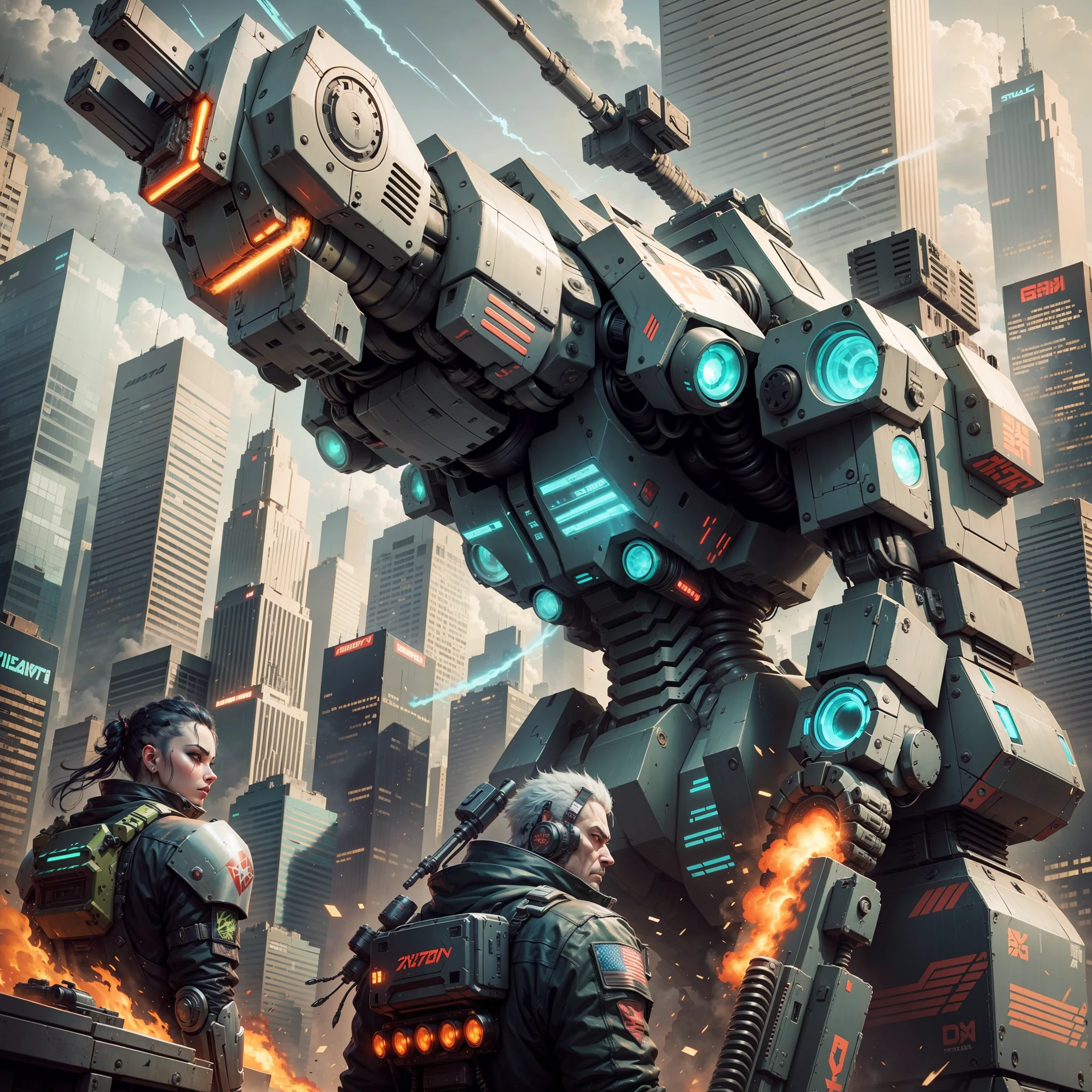 Cyberpunk, giant robot war machines, panicked crowds --auto --s2