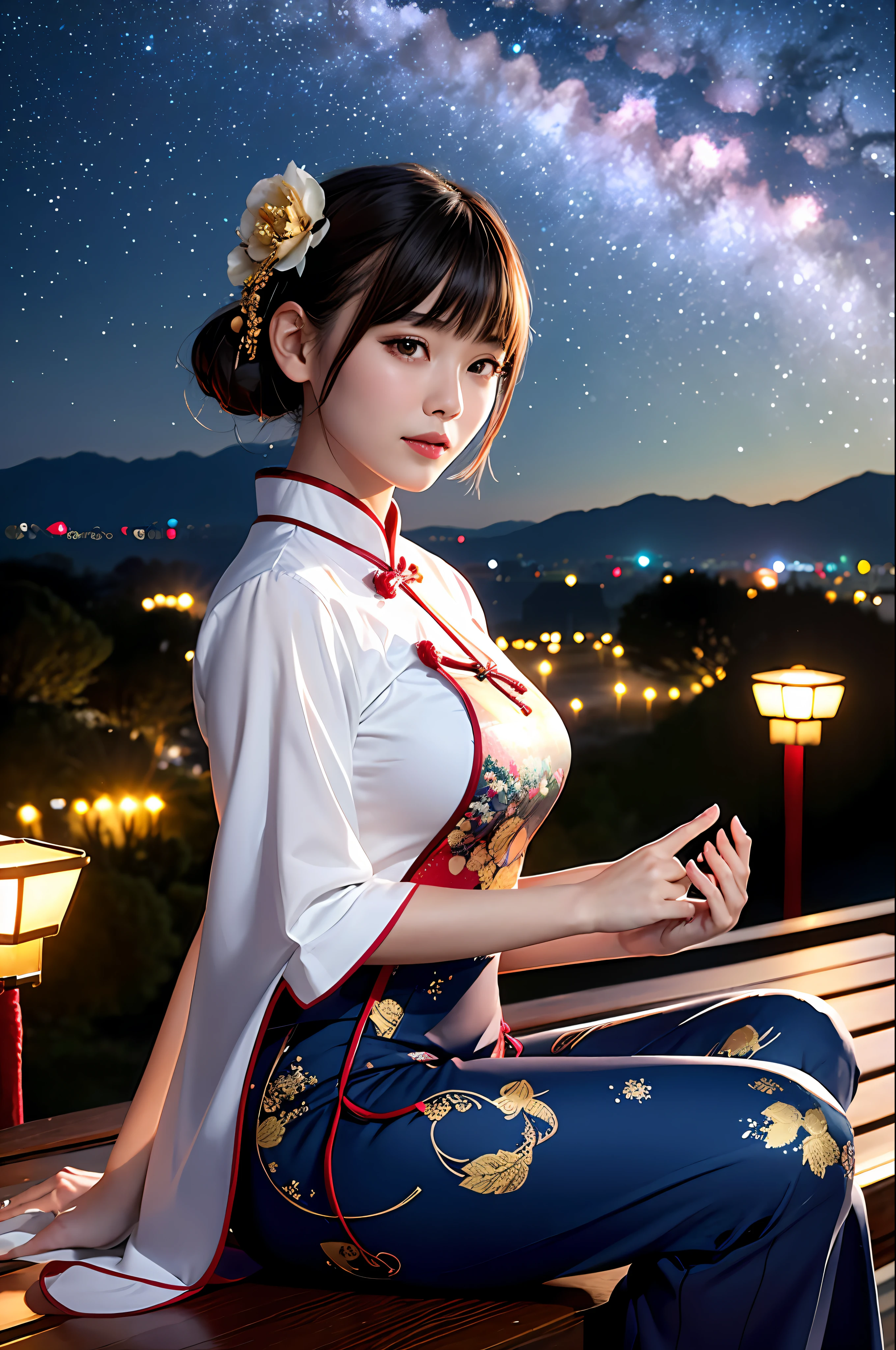 1girl, (looking at viewer),  (bokeh:1.1), closed mouth,light smile, realistic, meditation,starry sky,night, qipao, Mandalay, Pagodas
pants, skyline,
best quality, (photorealistic:1.4), ultra highres,