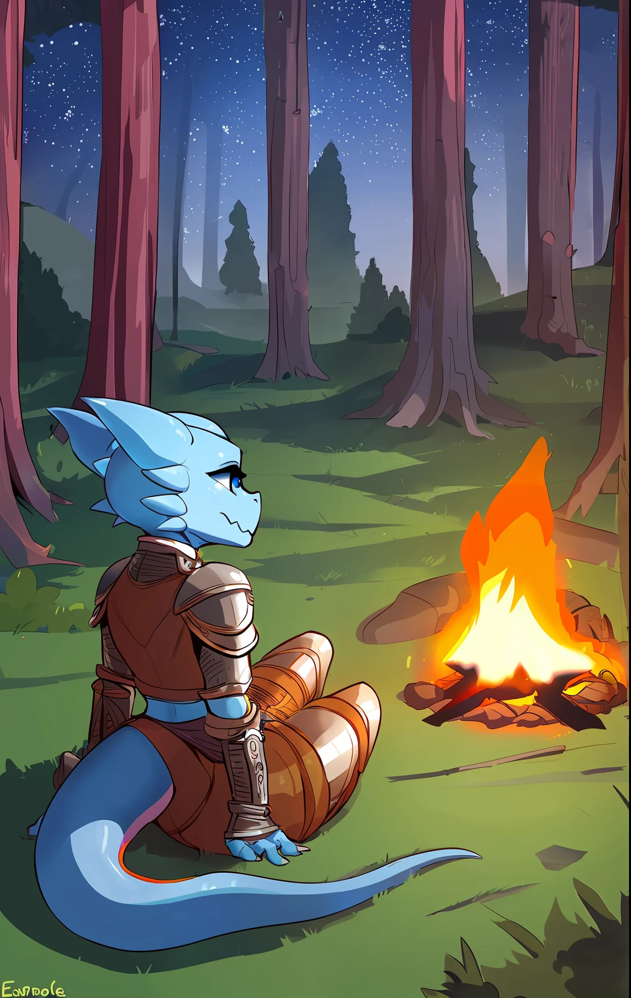 kobold anthro, blue body,  male kobold anthro, by eiprel, highdetail, by lnnncore, medieval armor, sitting around campfire, night, forest background, vibrant colors, glossy, diffuse glow, blue eyes,