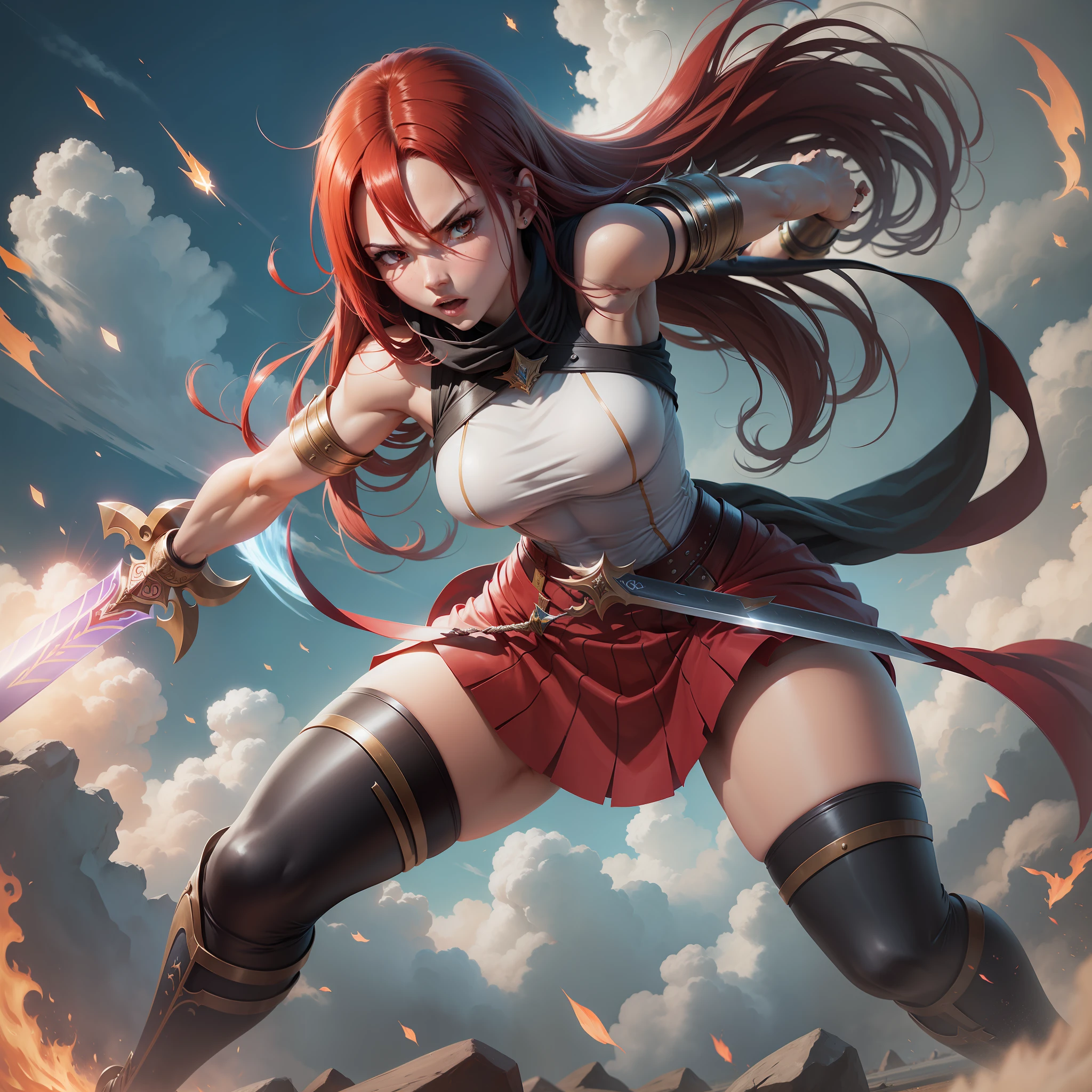 Erza using a long sword, in battle pose, 8K