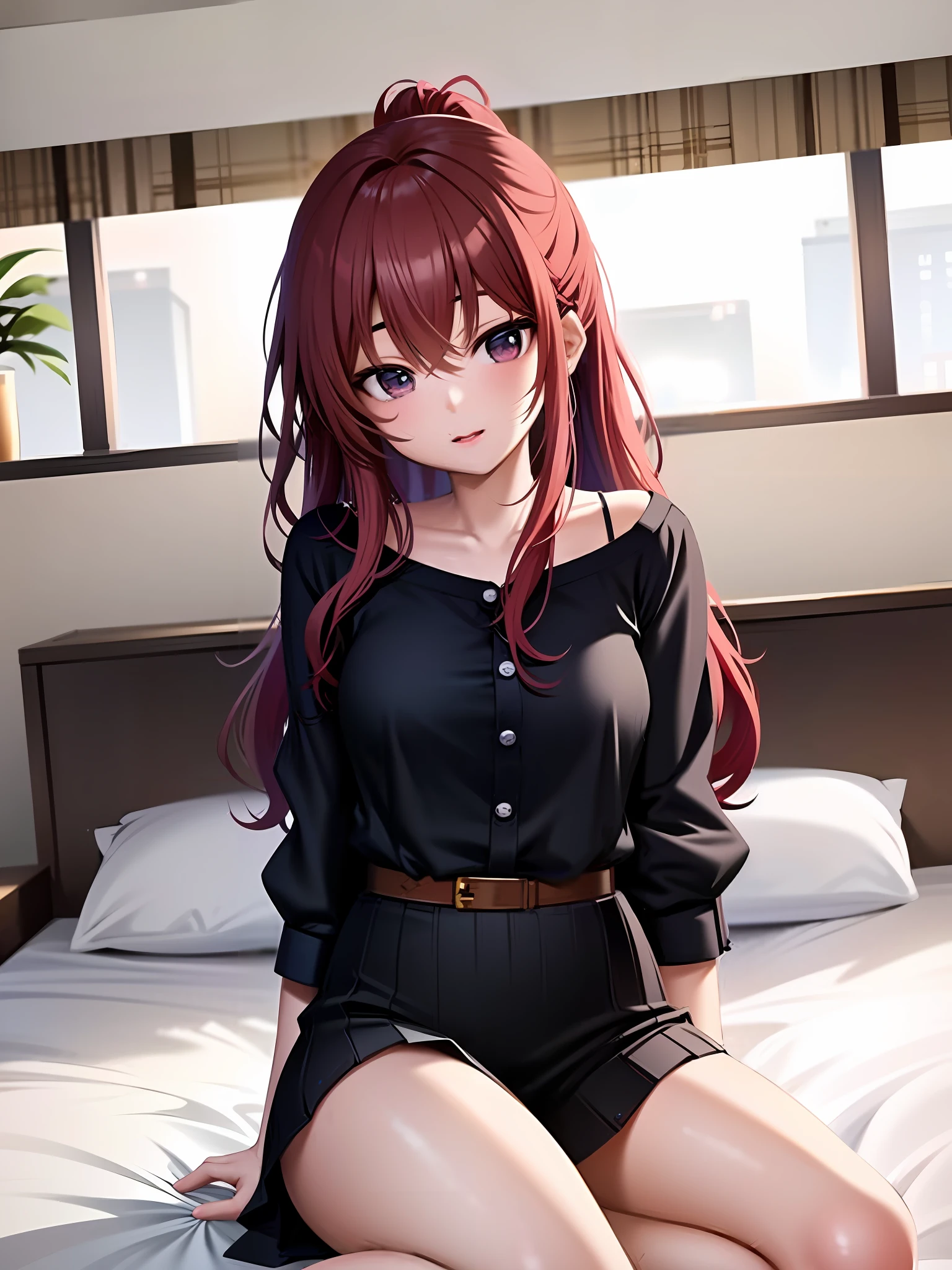 anime - style image of a woman sitting on a bed with a black shirt and brown belt, anime girl wearing a black dress, realistic anime artstyle, smooth anime cg art, seductive anime girl, realistic young anime girl, cute anime girl, an anime girl, photorealistic anime girl render, anime best girl, (anime girl), beautiful anime girl