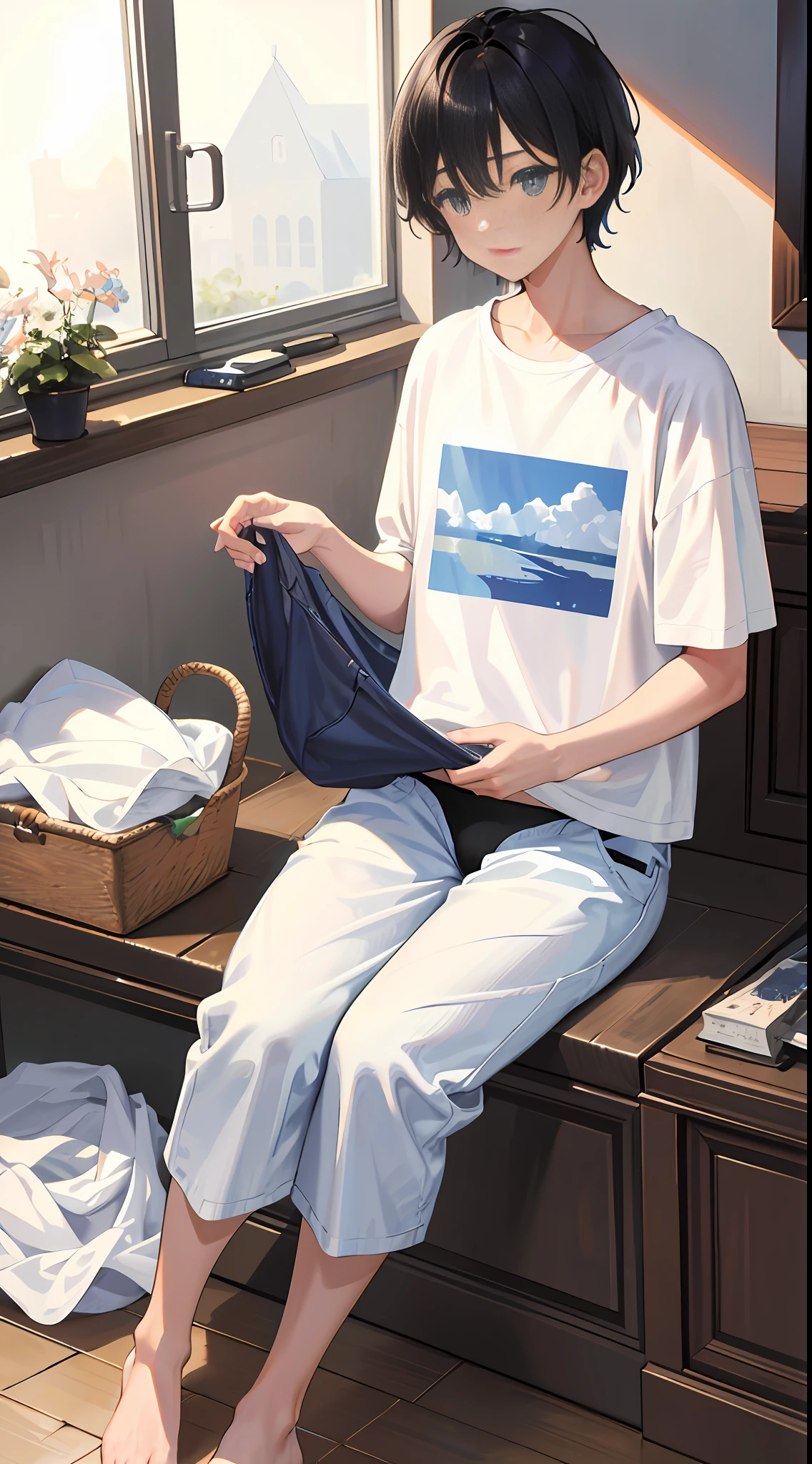 masterpiece, best quality, super detailed, illustration, masterpiece, best quality, super detailed, medium view, ((vista, wide angle 1.31)), at home, 1 boy, short black hair, comma hair, white t-shirt, black pants, at home, there is a clothes basket on the ground with blue panties