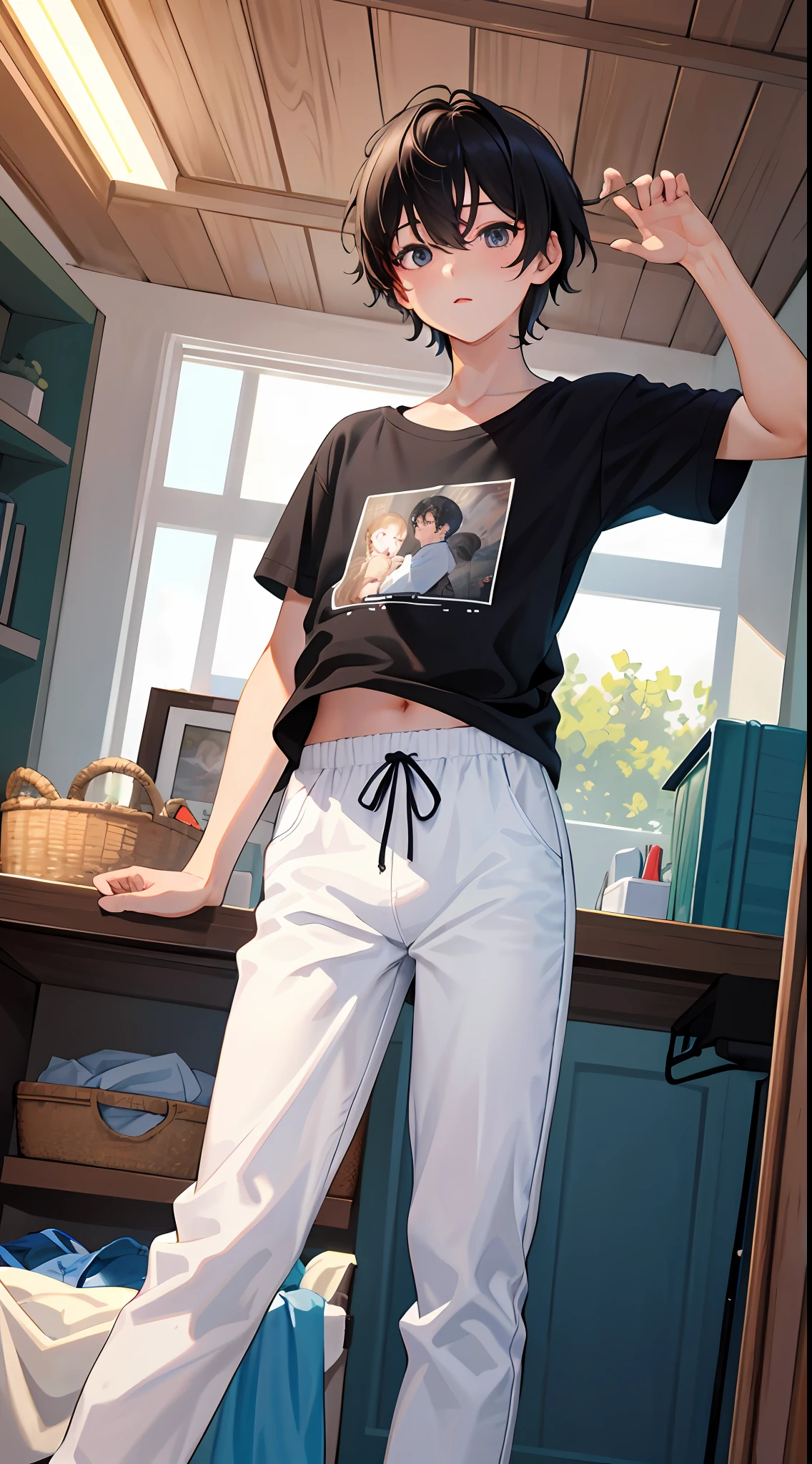 masterpiece, best quality, super detailed, illustration, masterpiece, best quality, super detailed, medium view, ((vista, wide angle 1.31)), at home, 1 boy, short black hair, comma hair, white t-shirt, black pants, at home, there is a clothes basket on the ground with blue panties