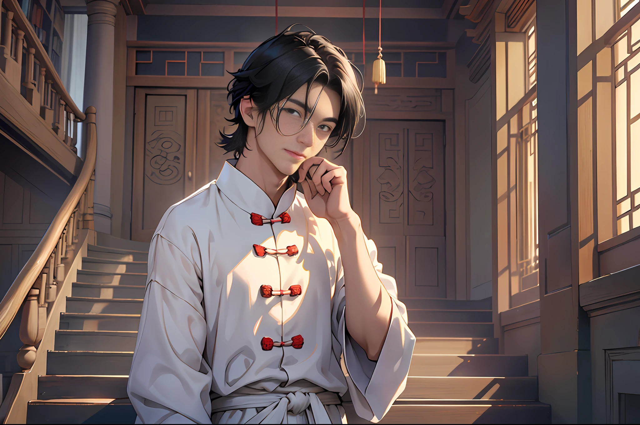 Best quality, masterpiece, high resolution, 1boy, ancient Chinese, 18 years old, short black hair, clear face, no stubble, white pajamas, standing, confidence, nodding, library cabinet, four floors, stairs 4k, 8k. Chinese ancient style. (High Detail Skin: 1.2), 8K UHD, DSLR, Soft Light, High Quality, Volumetric Light, Voyeur, Photo, High Resolution, 4K, 8K.