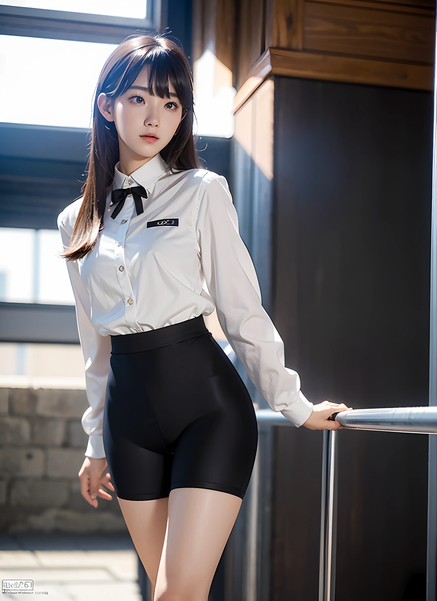 masterpiece, masterpiece, best quality, best quality, real, unity, 8k wallpaper, official art, highly detailed cg unity 8k wallpaper, ulzzang-6500, one girl, cute, professional lighting, ((Long black spandex shorts: 1.37)), long hair, uniform, pleated skirt, (Original: 1.2), (Real: 1.4), ultra detailed, high resolution, ultra detailed, amazing, fine details, cinematic lighting, simple costumes, detailed clothing textures, (8k, RAW photos, highest quality, masterpiece: 1.27), (realistic, photorealistic: 1.37), physically based rendering, handsome, masterpiece, highest quality, high resolution,