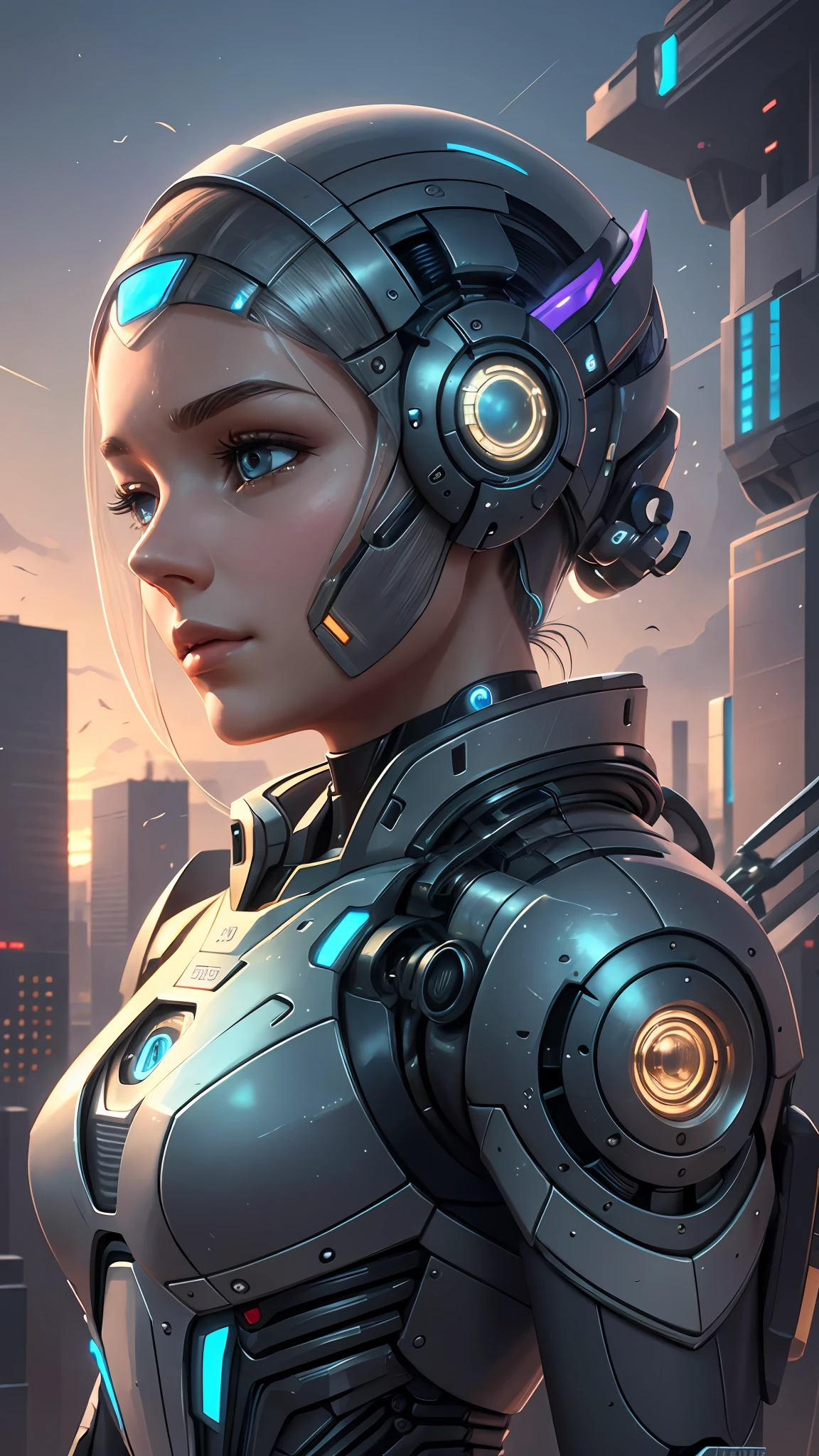 A humanoid-looking robot with an incredibly realistic face of a young woman. Its body is detailed with visible mechanical components, which gives it a futuristic and fascinating look. The robot is holding a bird delicately in his hand, in a peaceful and calm environment. The background of the image shows a futuristic city with skyscrapers and bright lights. The robot has a peaceful appearance and its main focus is to show its realistic face and its connection with nature. This image is made in the form of a digital illustration, with a softly detailed style and a mix of warm and cool colors to highlight the futuristic atmosphere. --auto --s2