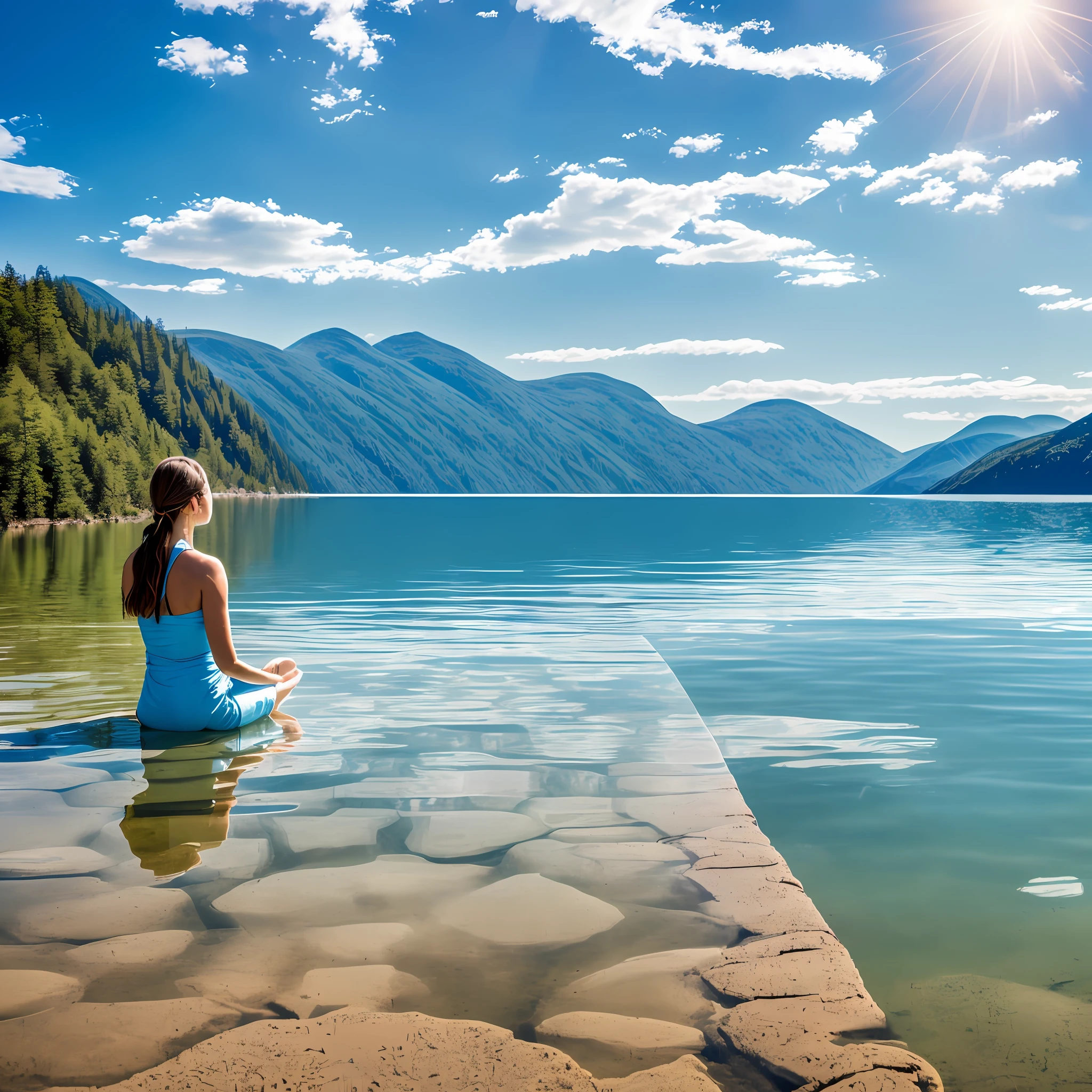 (no humans, scenery, vanishing point, bottom, masterpiece, best quality, 8k, absurdres, water surface, summer, noon, sunlight, blue sky, perspective, depth of field, highres, fine details, ultra-detailed, sharp focus) woman meditating in a very calm and tranquil landscape --auto --s2