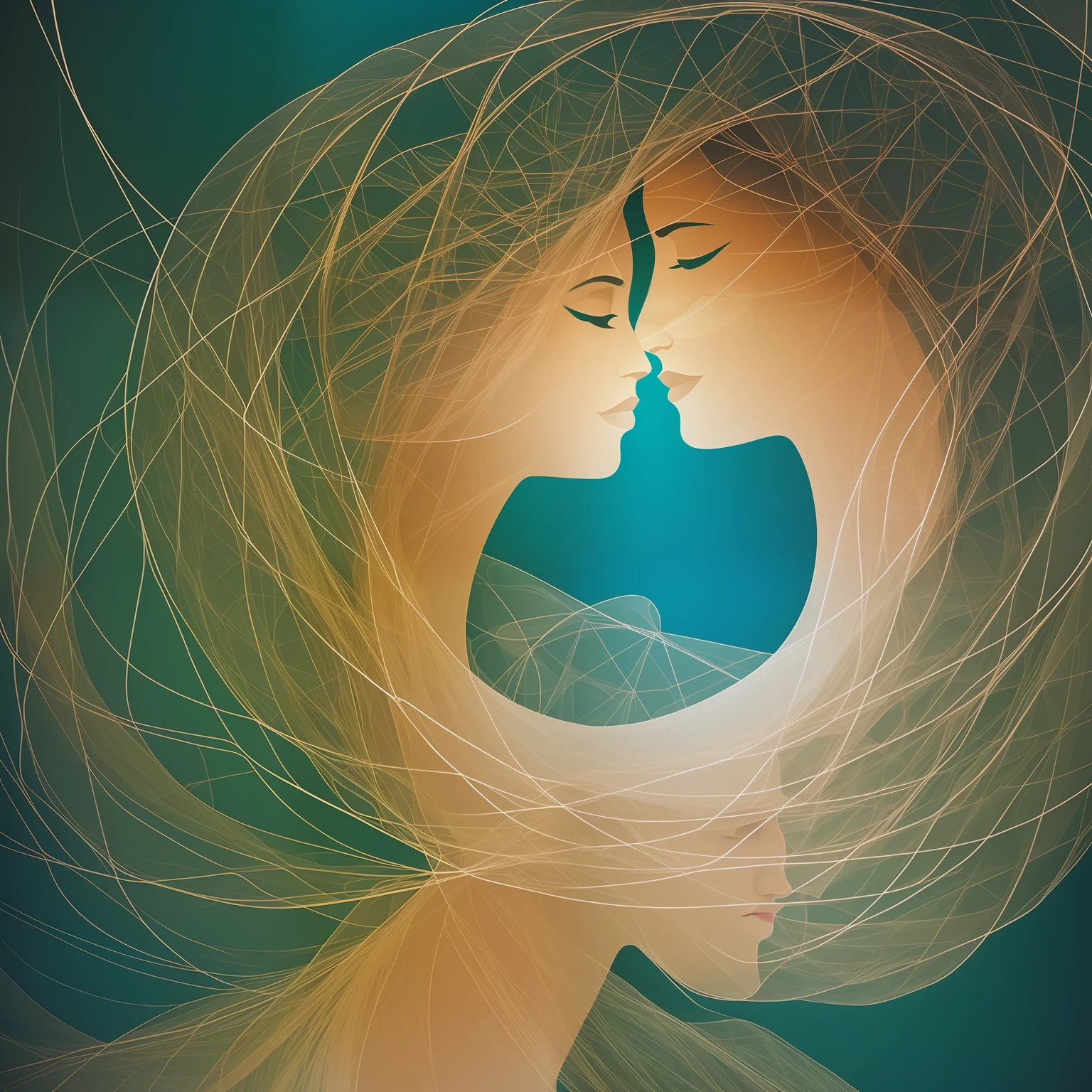 An abstract image with delicate interwoven forms, as a visual metaphor for the telepathic connection between mother and child.